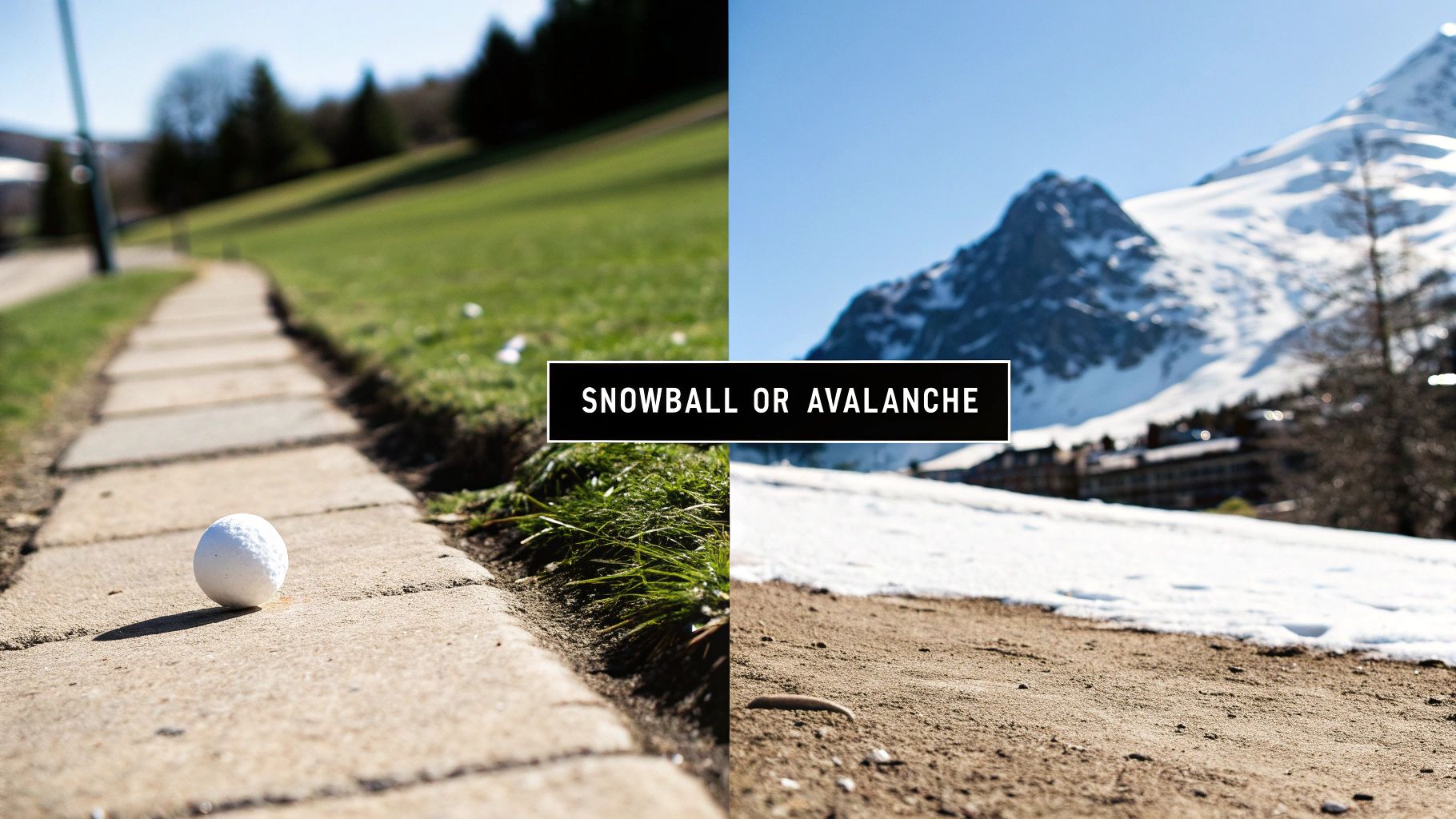 A split image contrasting a golf ball on a path with a snowy mountain, featuring the text 'SNOWBALL OR AVALANCHE'.