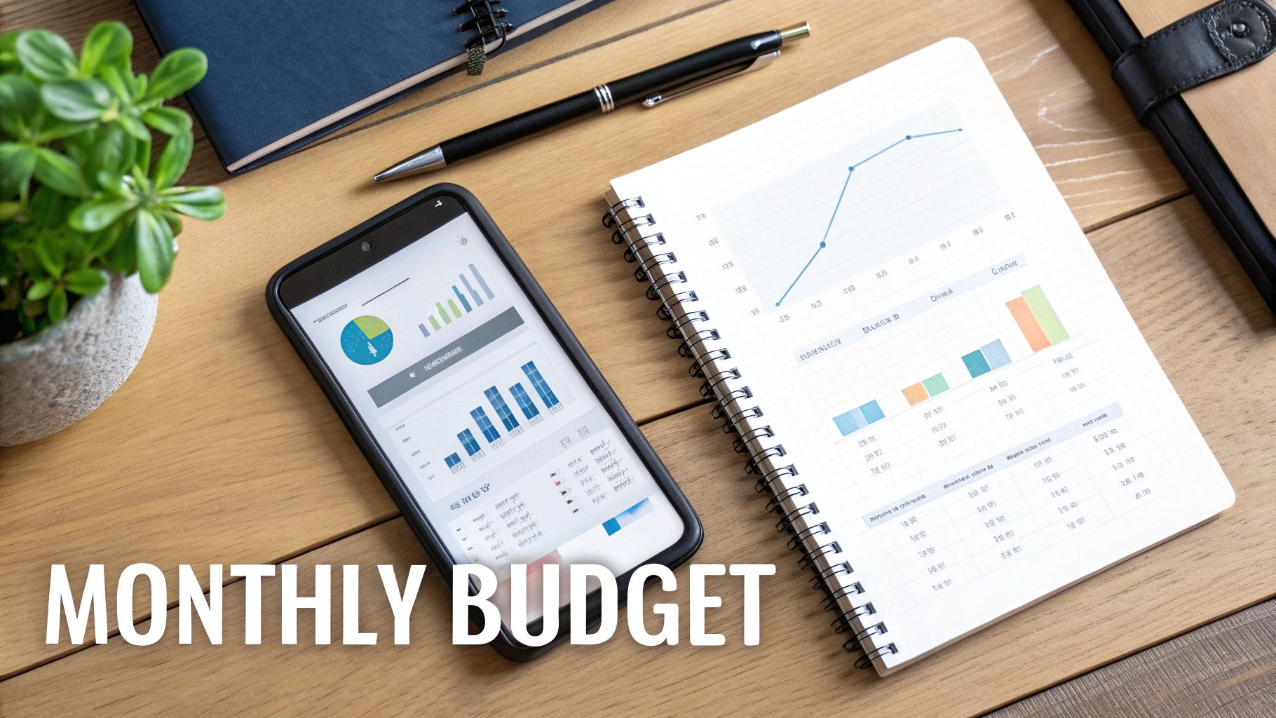 Flat lay of a modern workspace with a smartphone and notebook displaying monthly budget charts and graphs.