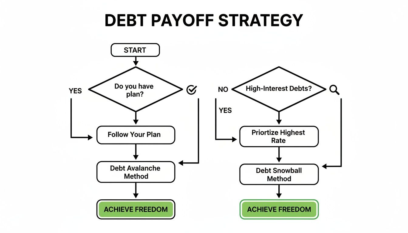 A flowchart illustrating debt payoff strategies, detailing paths for those with and without a plan.