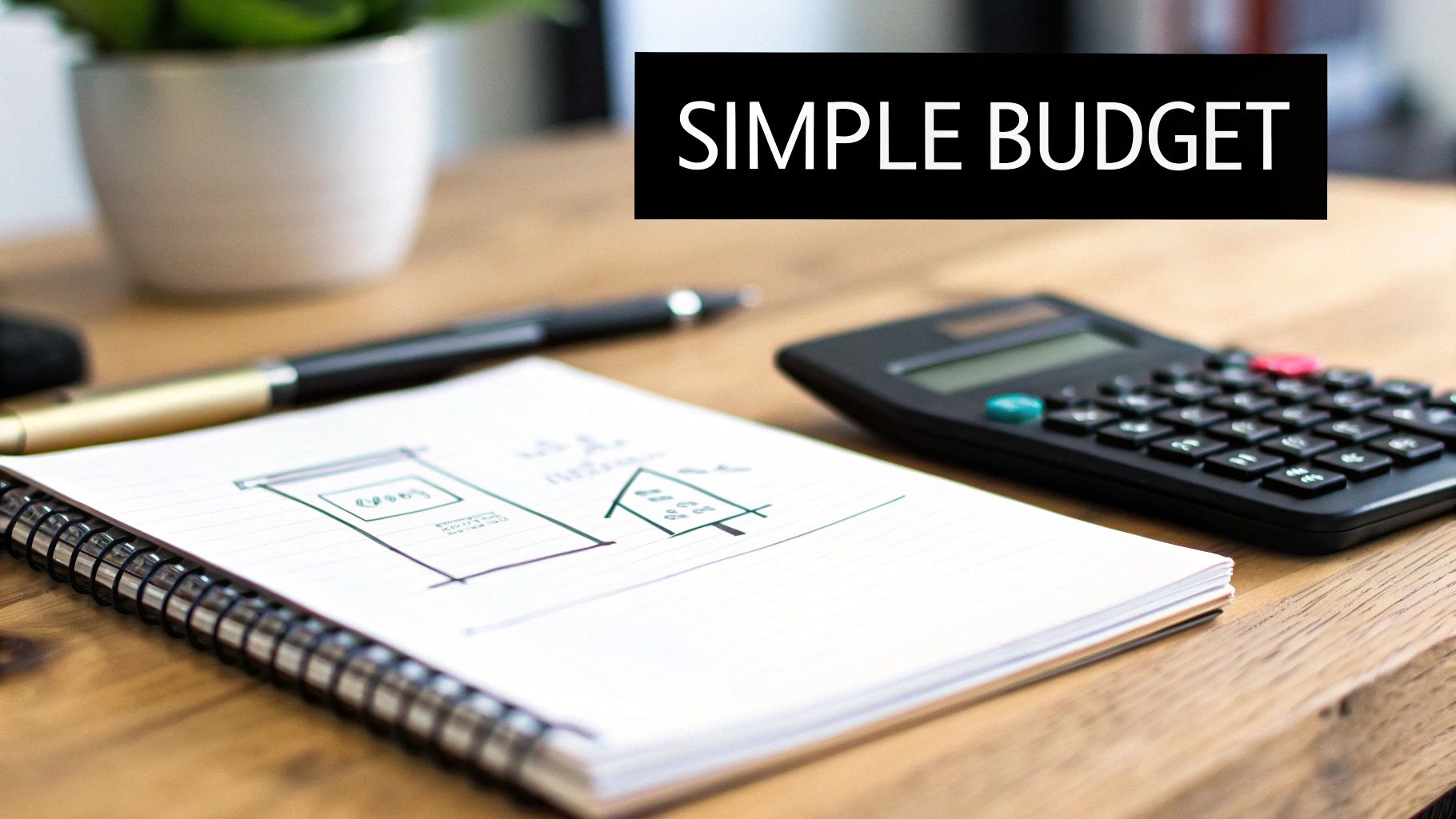 Simple budget planning notebook with sketches and calculator on wooden desk workspace