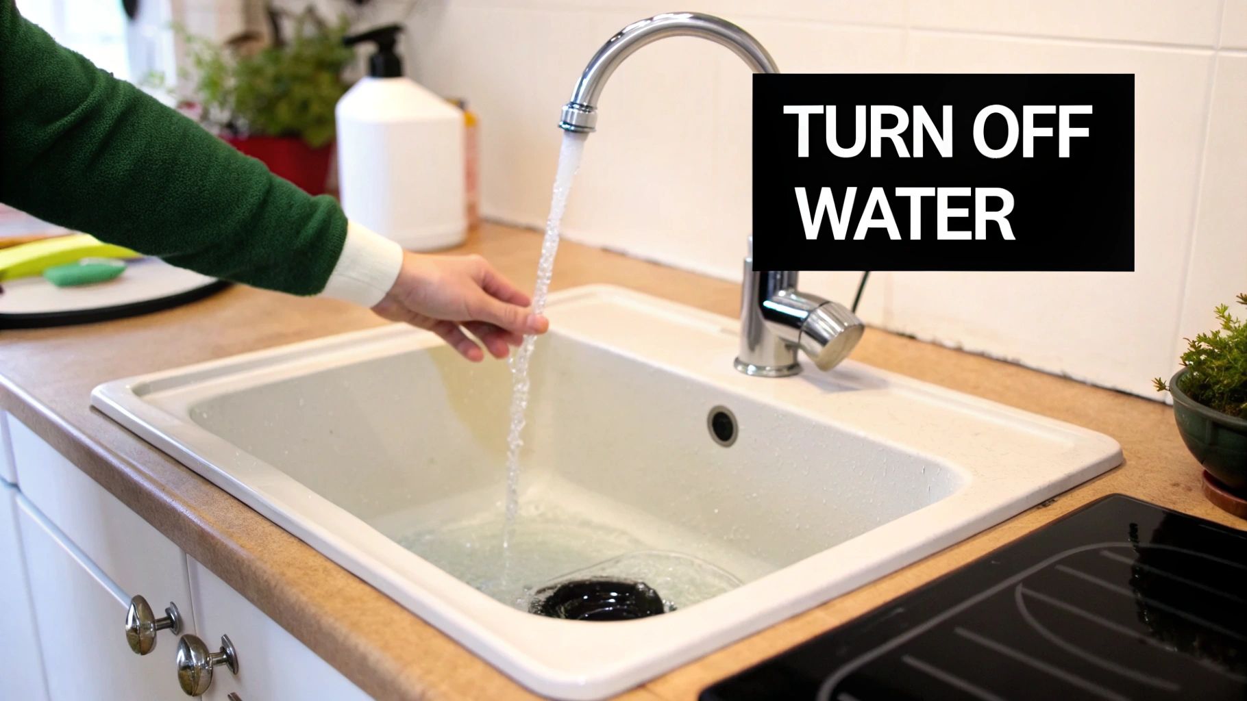 A person's hand is placed under running water from a kitchen faucet filling a sink, with a 'TURN OFF WATER' overlay.