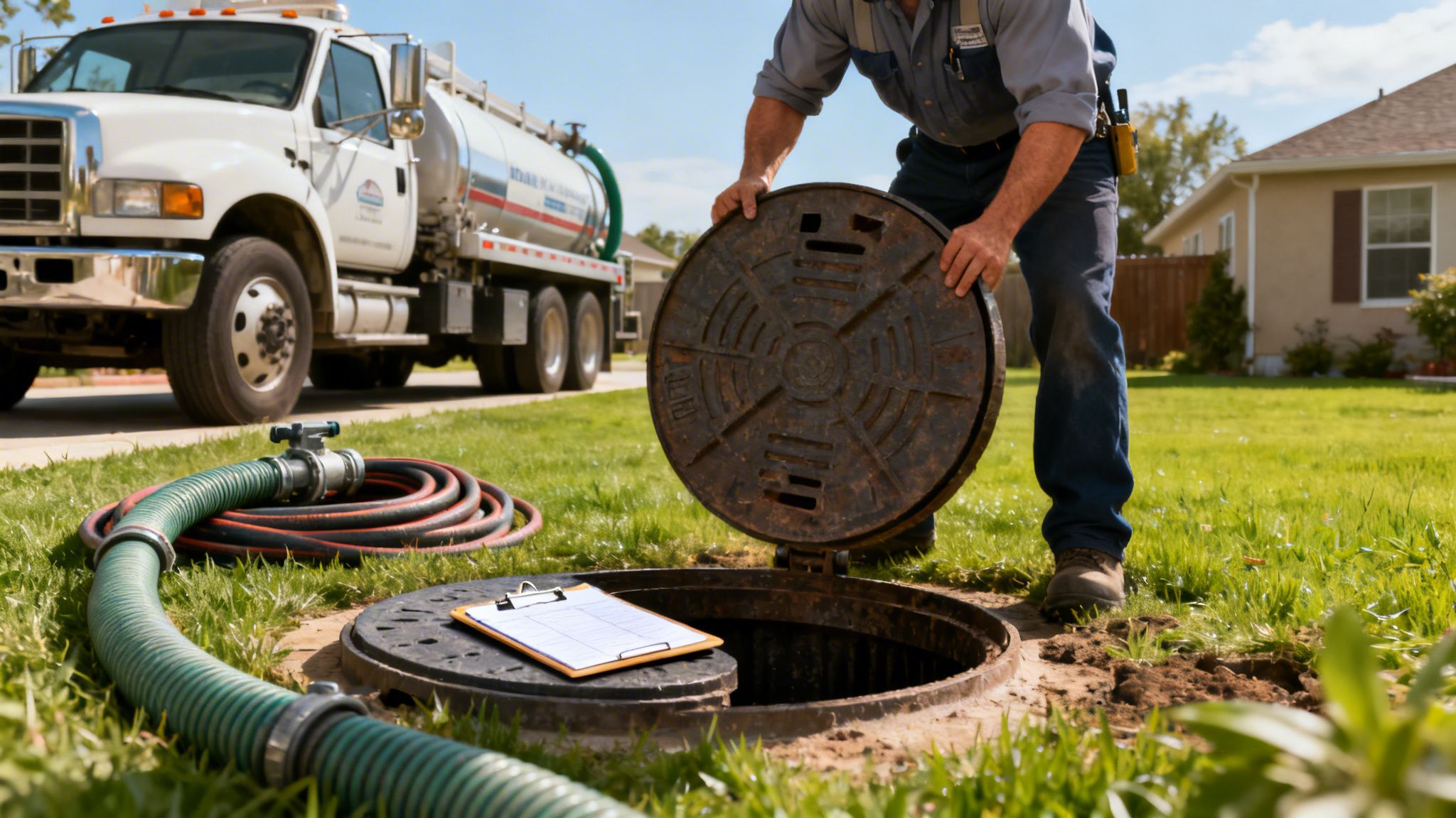A service worker lifts a manhole cover to access a septic tank with a truck and hoses nearby.