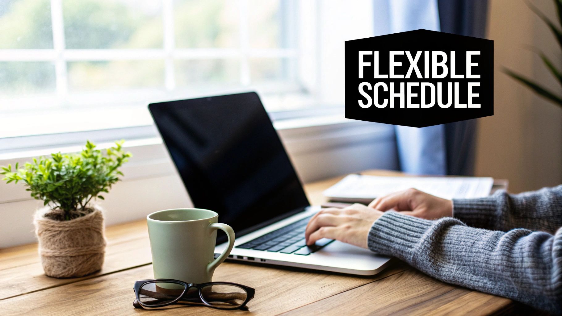A person's hands typing on a laptop at a wooden desk, highlighting the benefit of a flexible schedule.