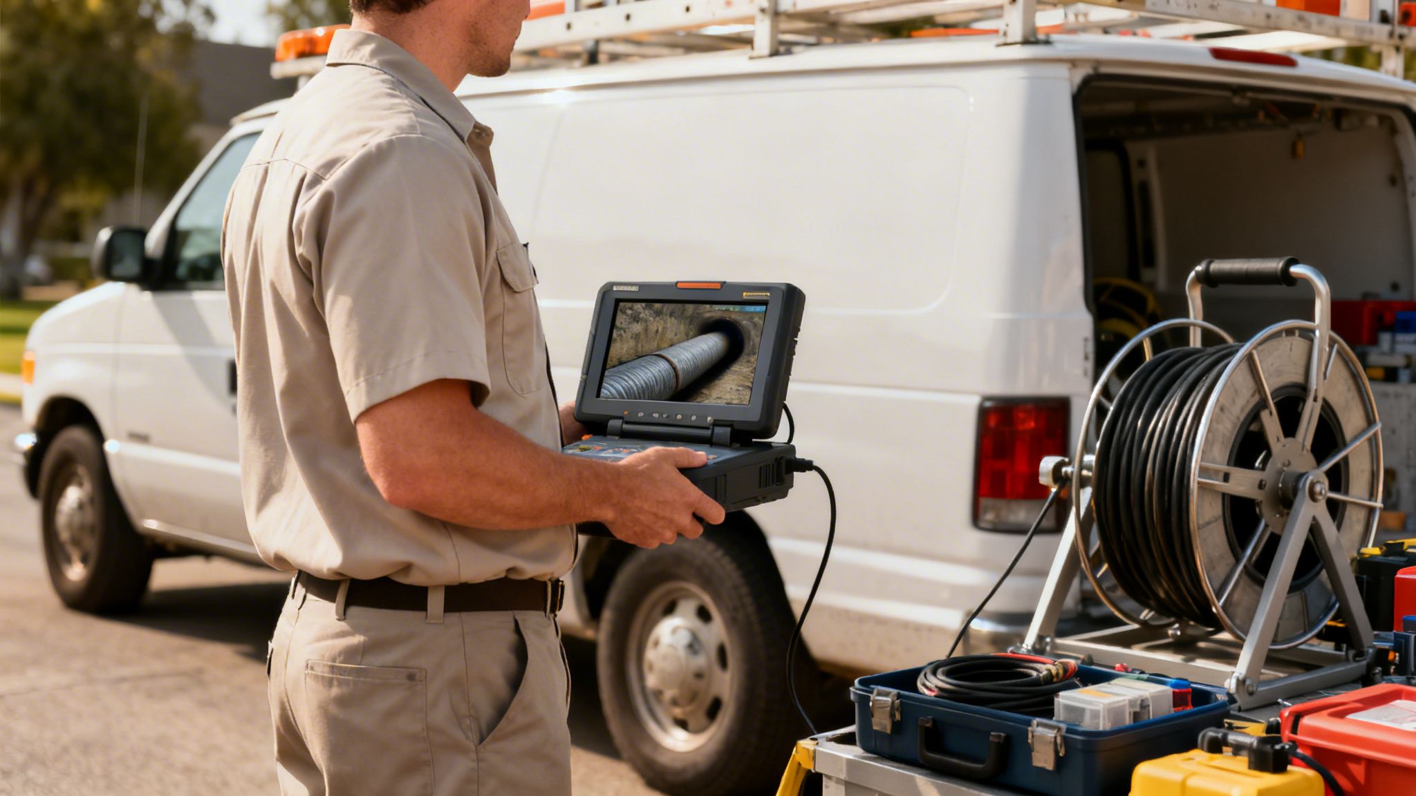 A technician inspects a pipe using a camera display, standing next to a service van with tools.