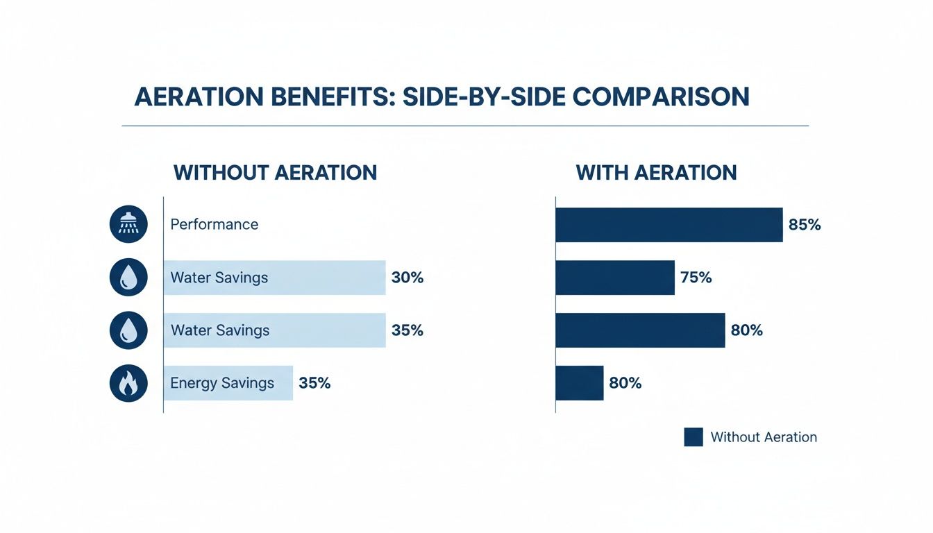 Bar chart comparing benefits with and without aeration, showing performance, water, and energy savings.
