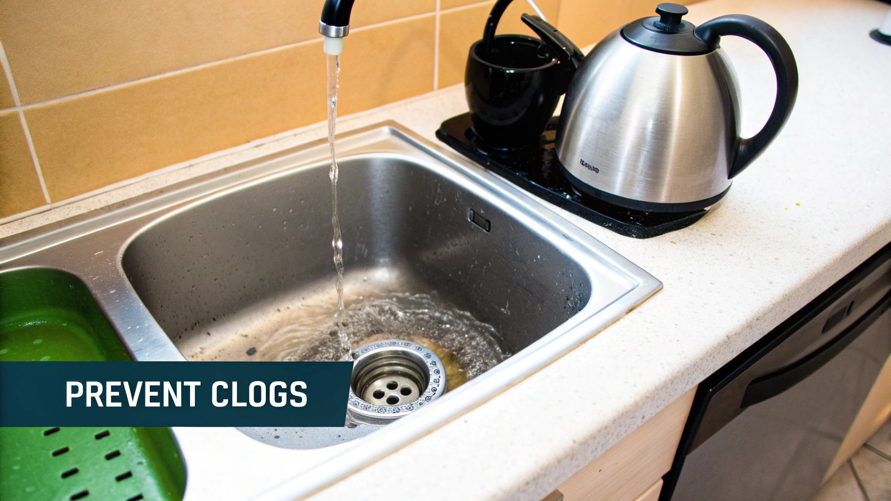 Water runs into a stainless steel kitchen sink drain, with an electric kettle nearby, and text 'PREVENT CLOGS' on the image.