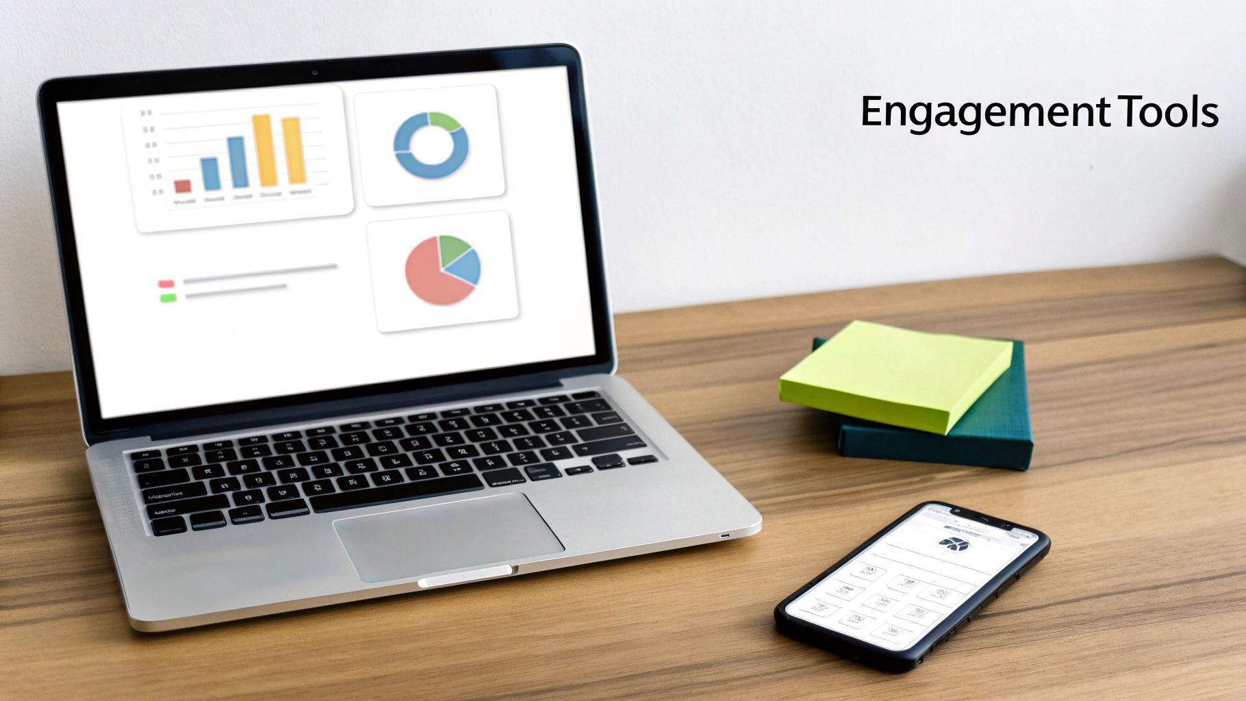 A laptop displaying data analytics charts, a smartphone, and sticky notes on a wooden desk with 'Engagement Tools' text.