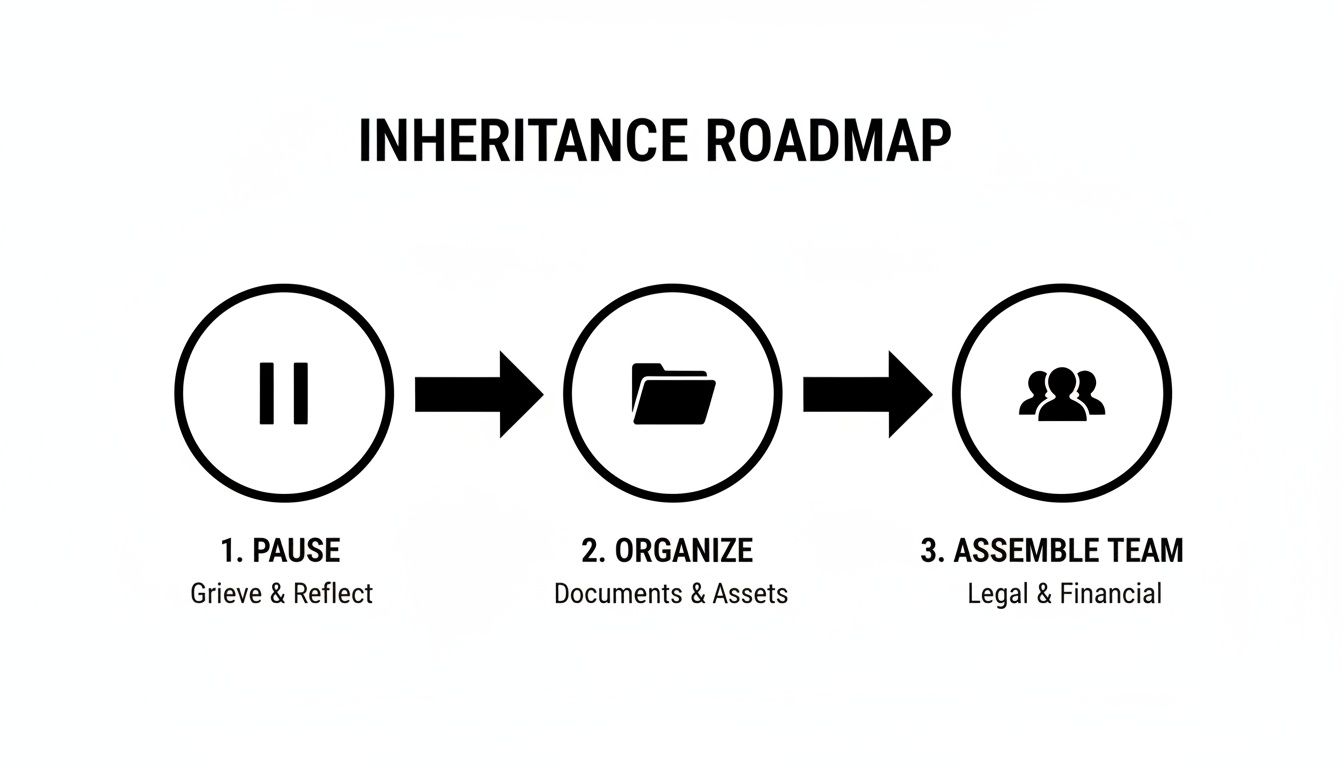 An inheritance roadmap outlines three steps: Pause, Organize documents, and Assemble legal and financial team.