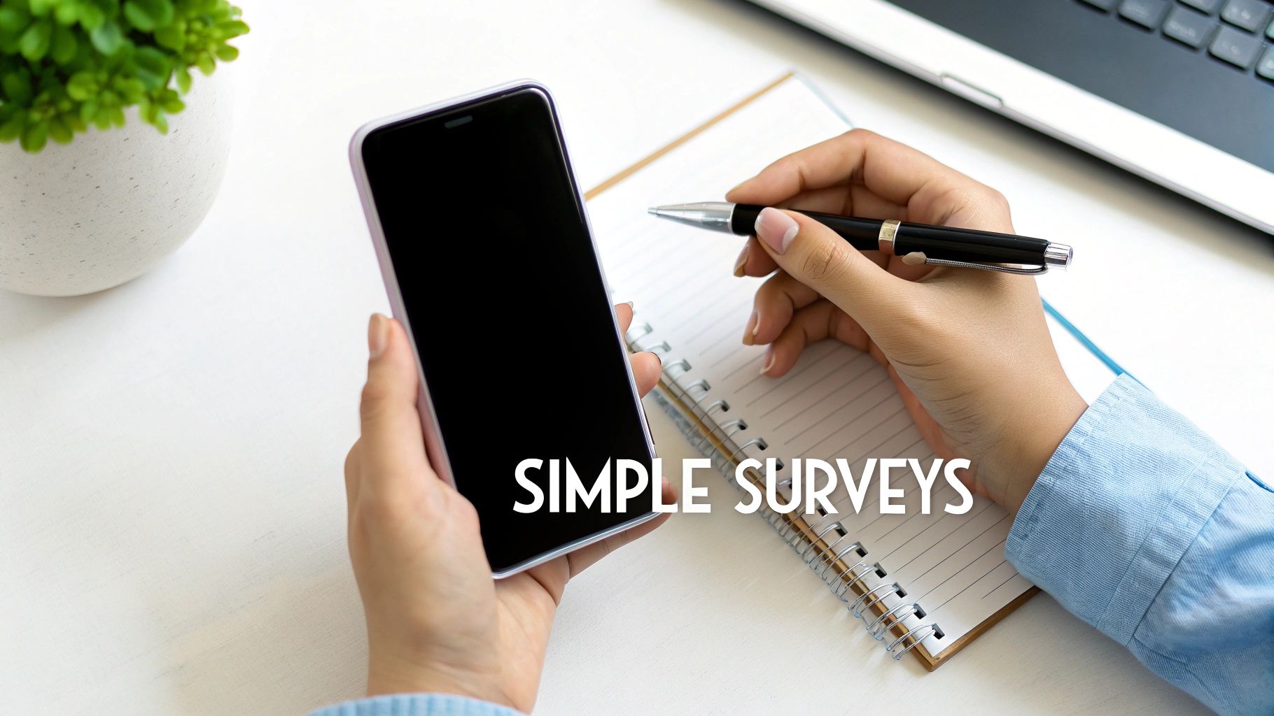 Hands holding a smartphone displaying 'SIMPLE SURVEYS' and a pen over a spiral notebook.