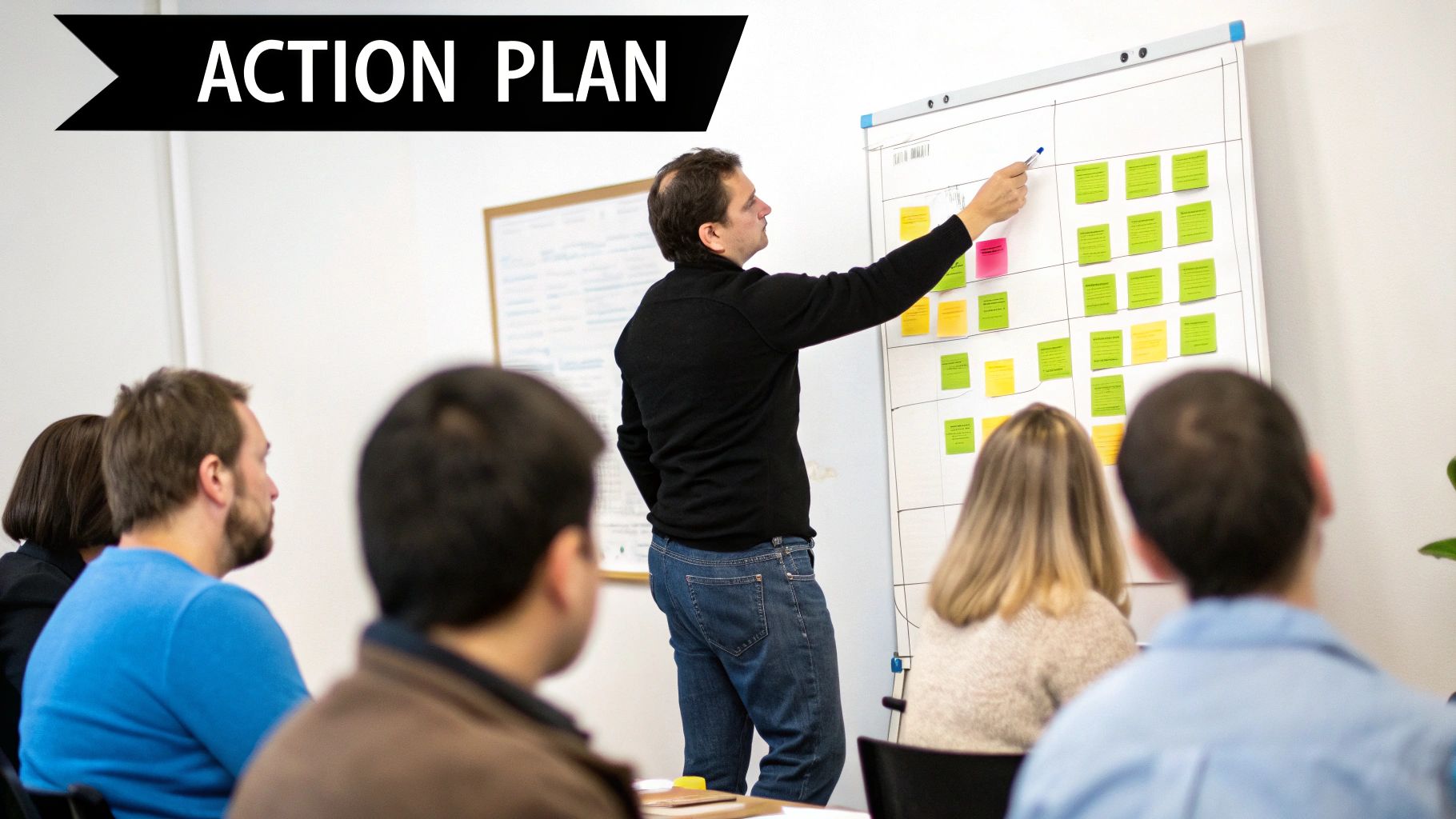 A man points to an action plan on a whiteboard with sticky notes during a meeting.