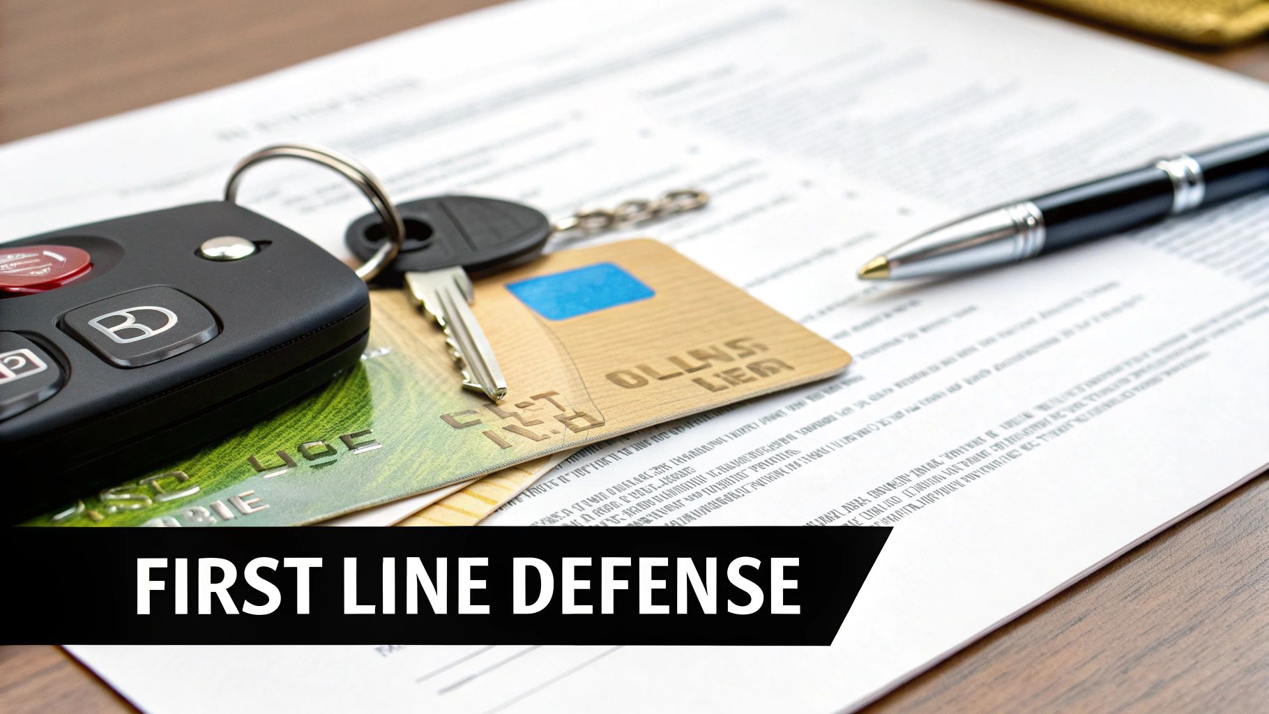 Car keys and credit cards resting on important documents with a pen on a wooden desk.
