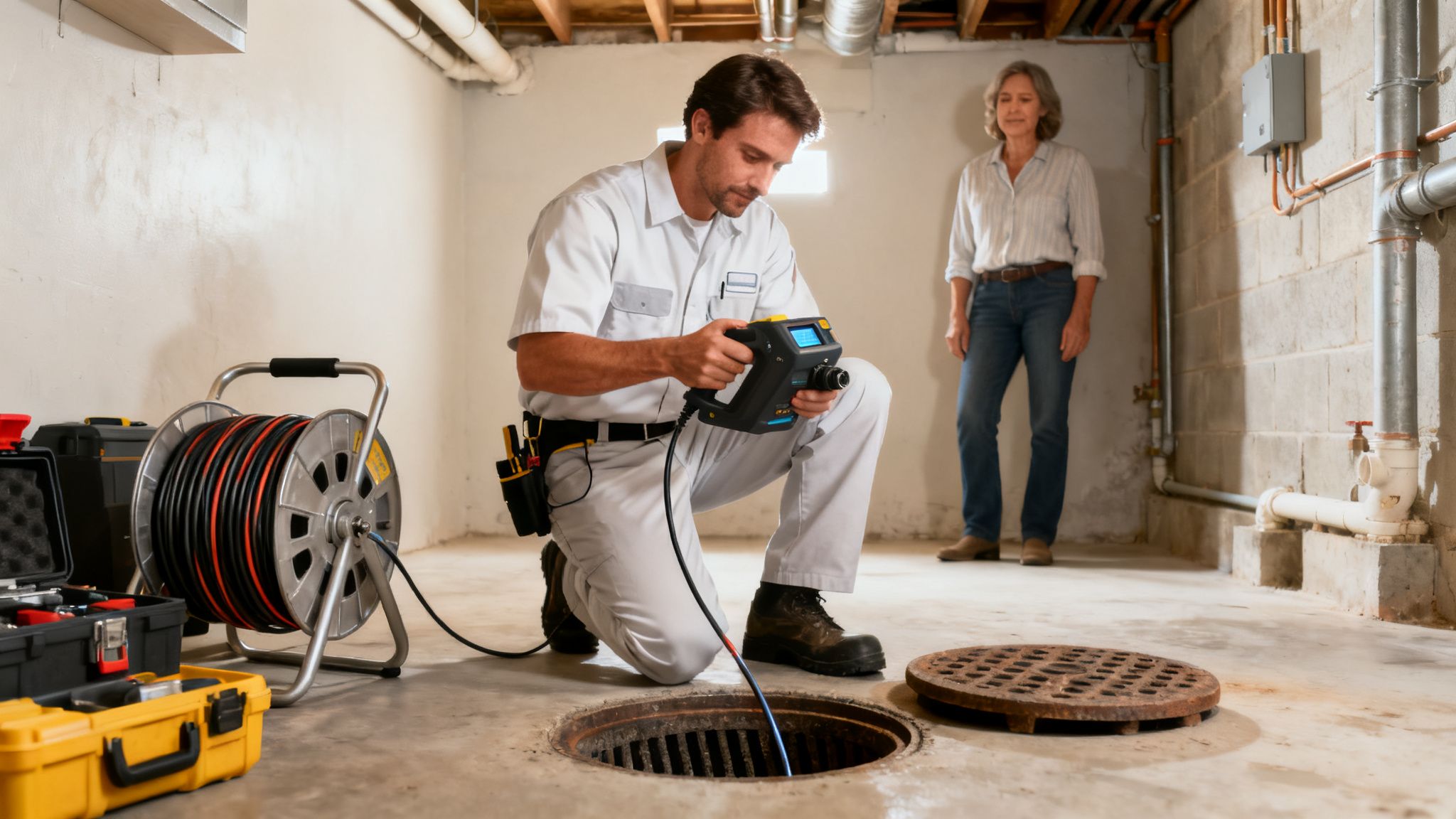 A male technician performs a drain inspection using a camera in a basement, observed by a woman.