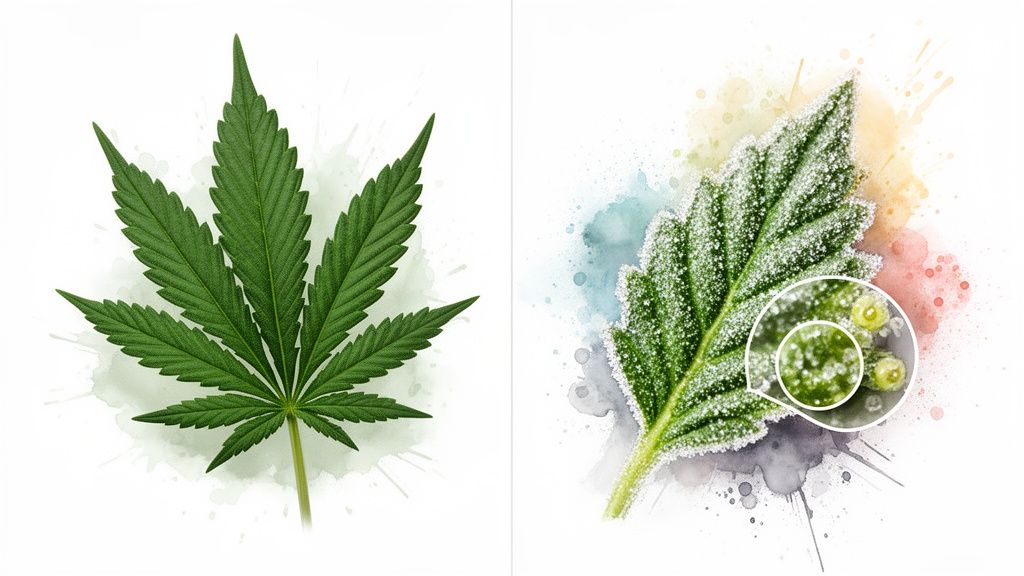 Two distinct cannabis leaves: one vibrantly green, the other frosted with a magnified view of trichomes.