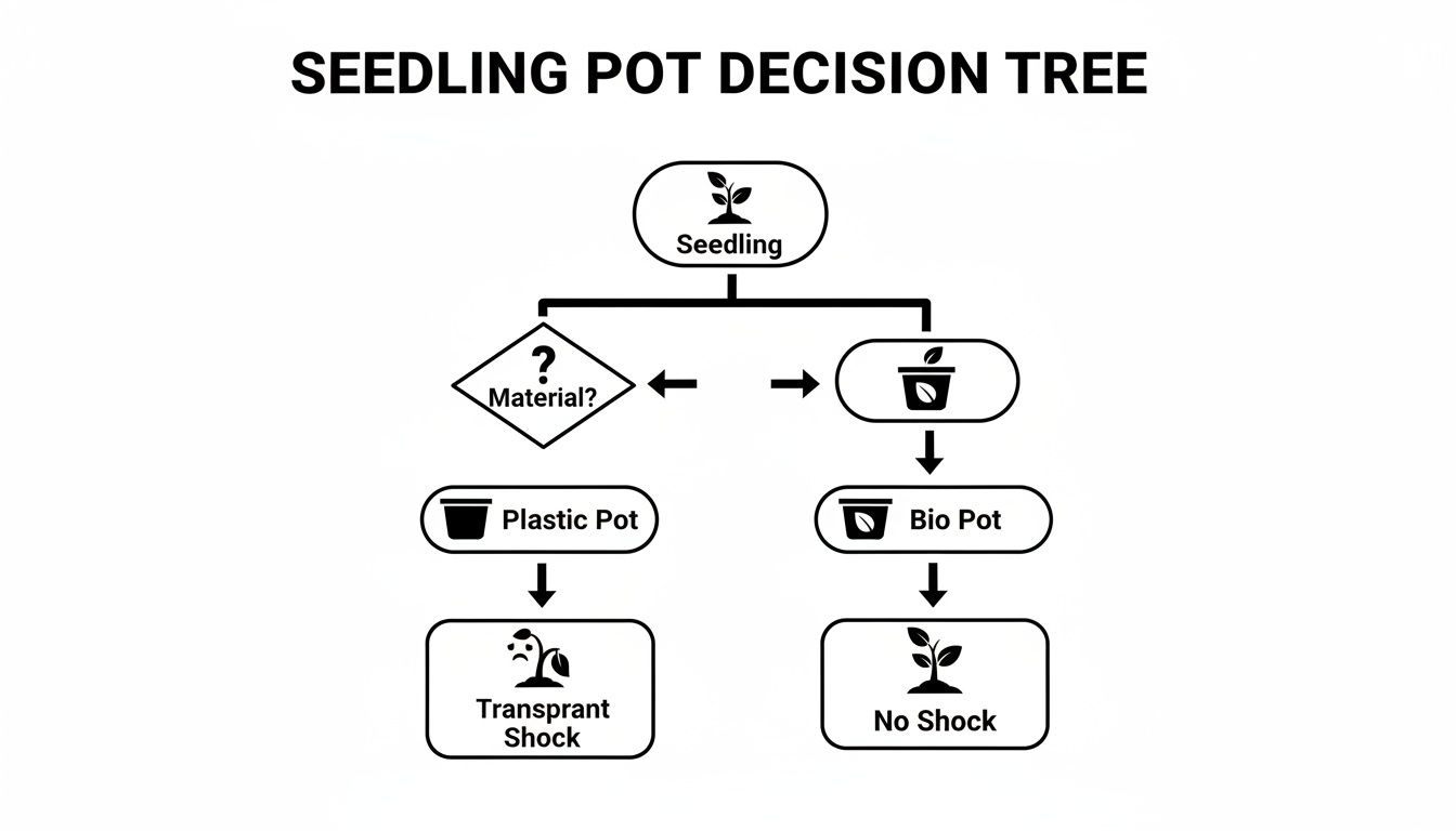 Flowchart illustrating the decision between plastic and biodegradable seedling pots, and their outcomes.