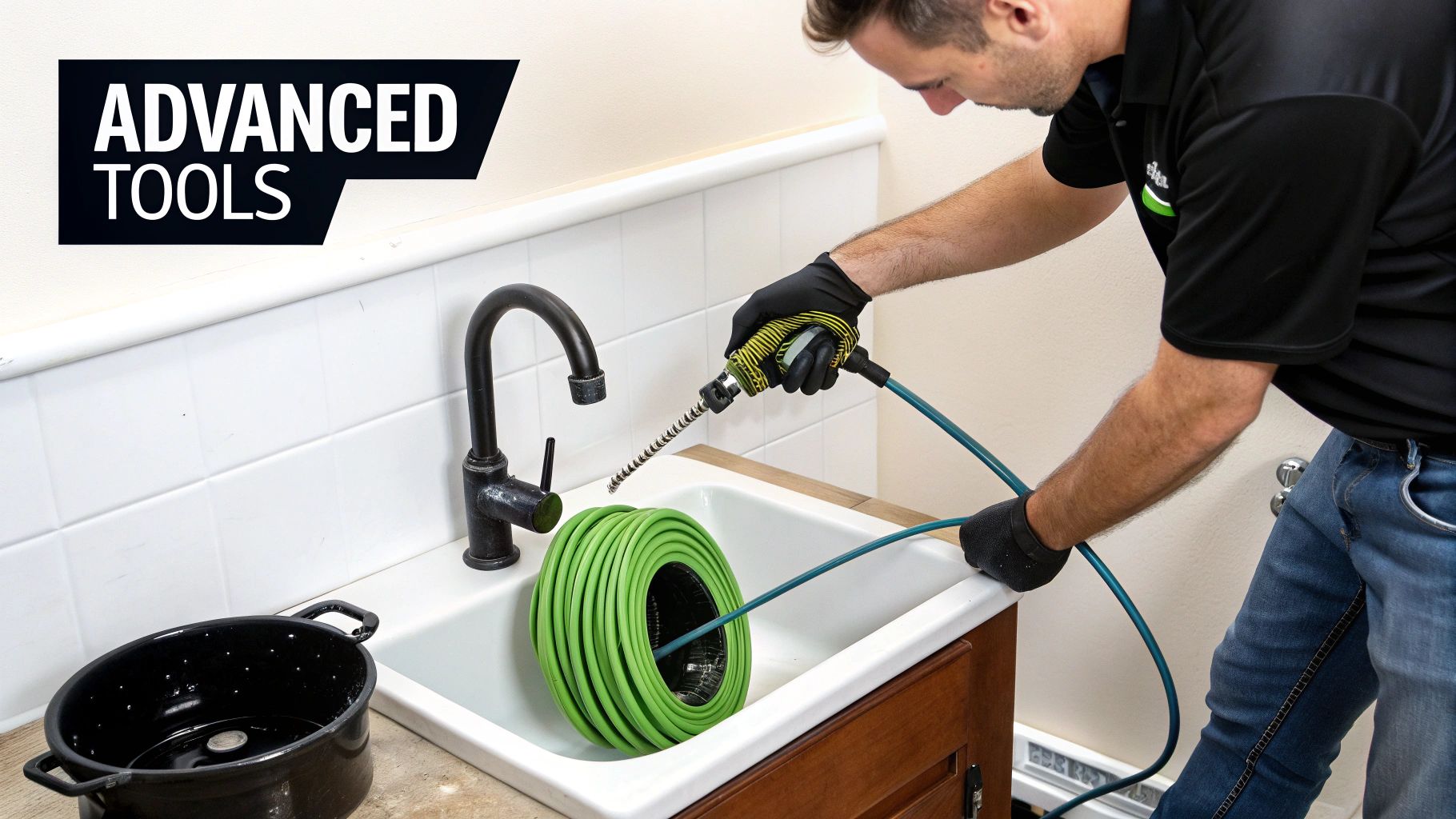 A person uses an advanced drain auger with a green cable to clear a sink.