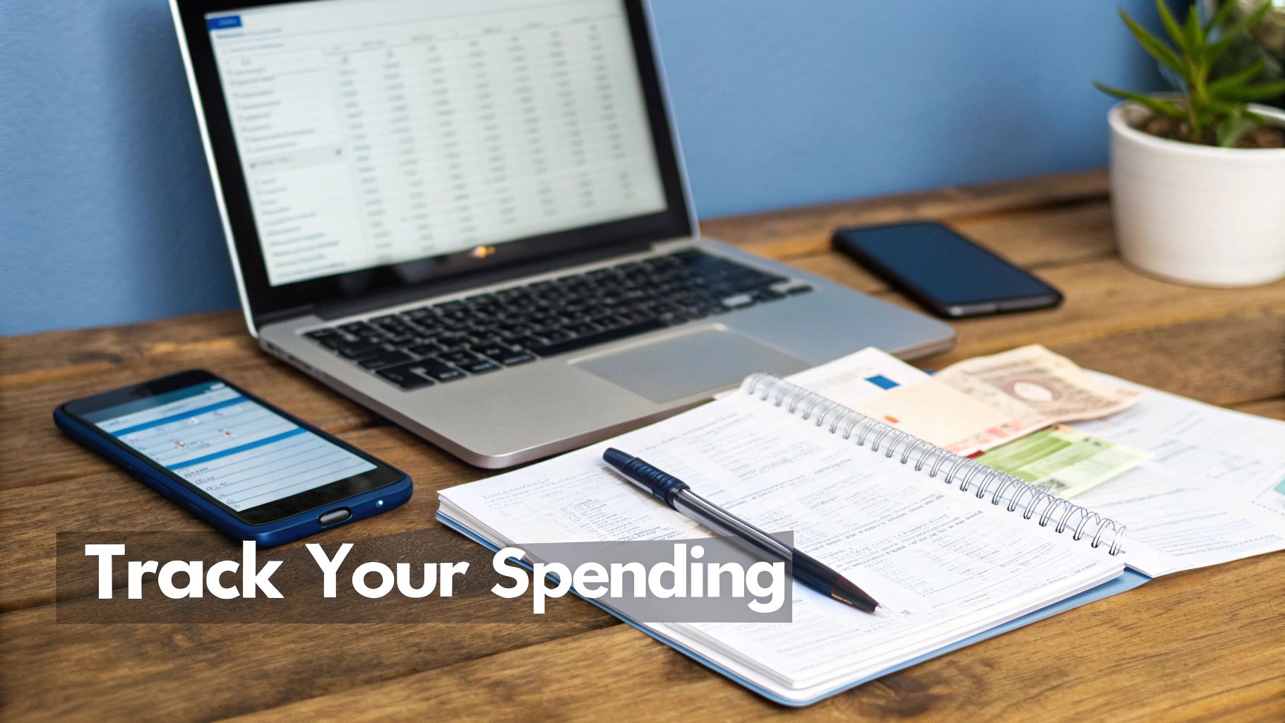 A desk setup with a laptop, smartphone, notebook, pen, and cash for financial tracking.