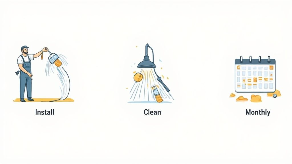 Illustrations demonstrating the steps to install, clean, and maintain an aerating shower head monthly.