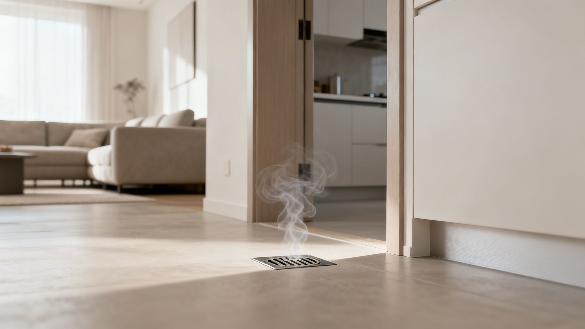 Smoke or steam rising from a square floor drain on light tiles in a modern home, with blurred kitchen and living room.