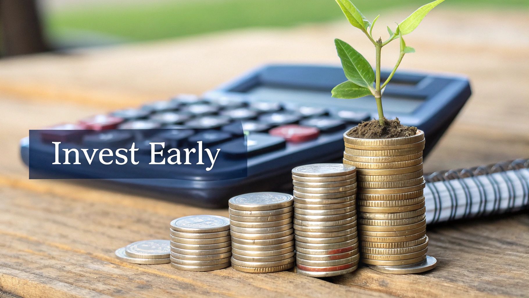 Stacks of coins of increasing height with a plant growing, calculator, and 'Invest Early' text.