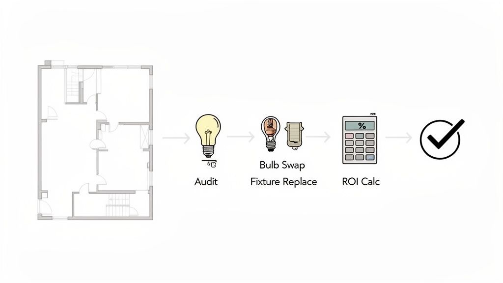 A process diagram illustrating energy-efficient lighting upgrades from a building audit to ROI calculation.