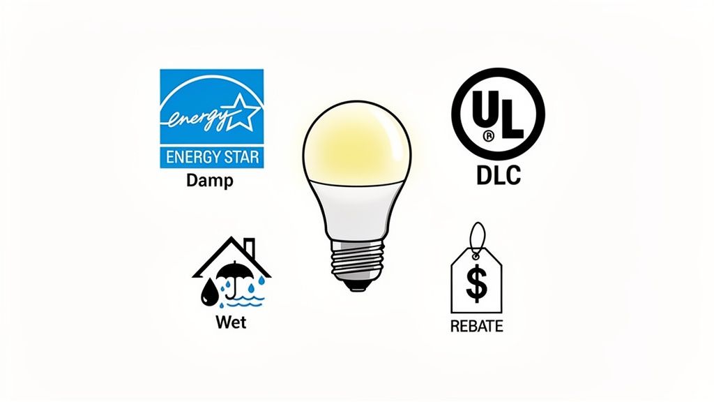 An LED light bulb is surrounded by ENERGY STAR, UL, DLC, damp, wet, and rebate certification symbols.