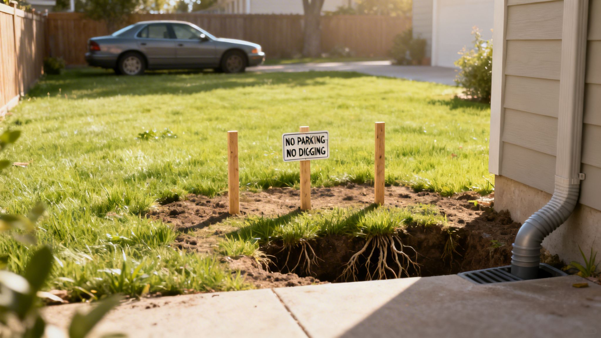 A 'NO PARKING NO DIGGING' sign marks a recent excavation in a green lawn near a house.