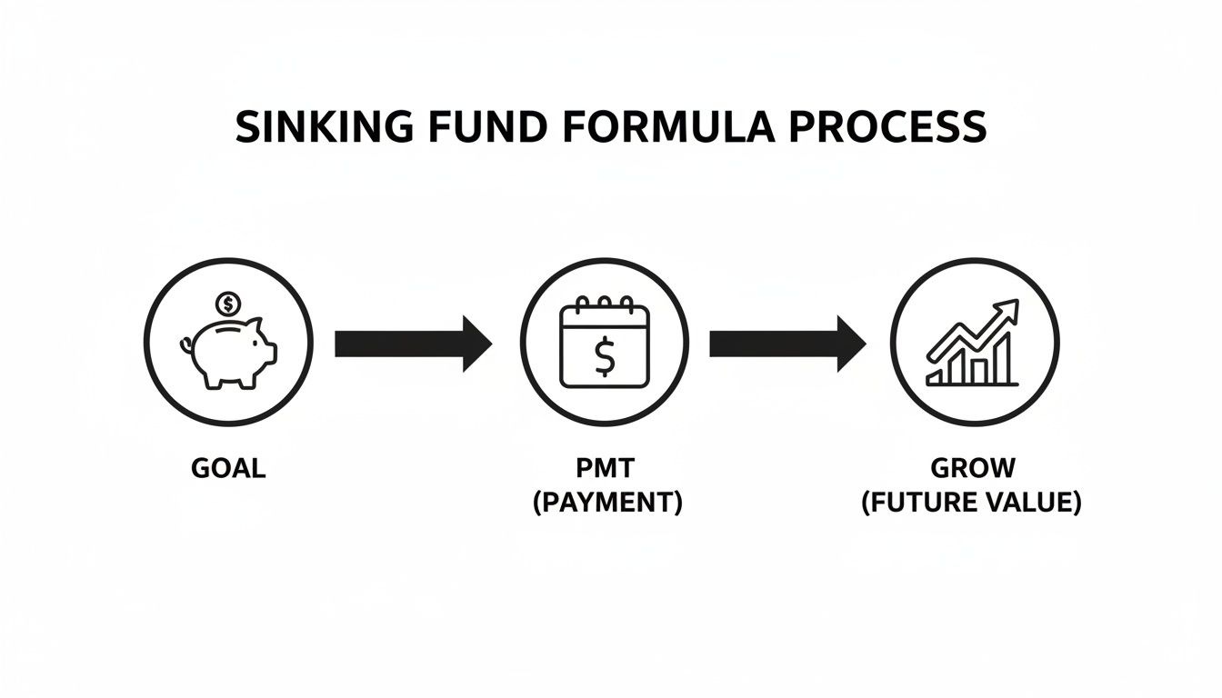 A diagram illustrates the sinking fund formula process, showing goal, payment, and future value stages.