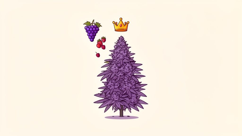 A vibrant purple cannabis plant with grapes, strawberries, and a golden crown floating above.