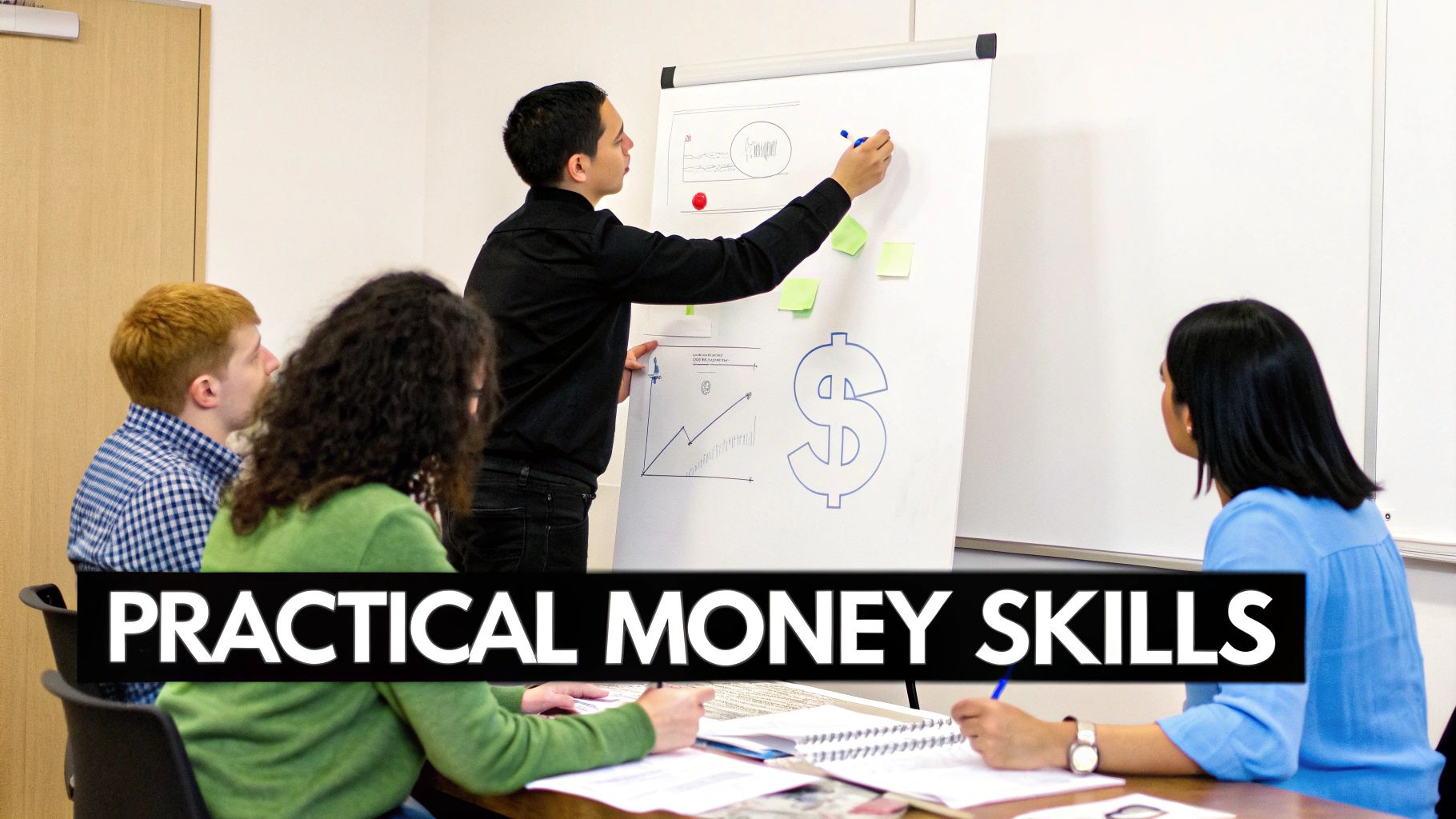 A person at a desk drawing a financial plan on a piece of paper.