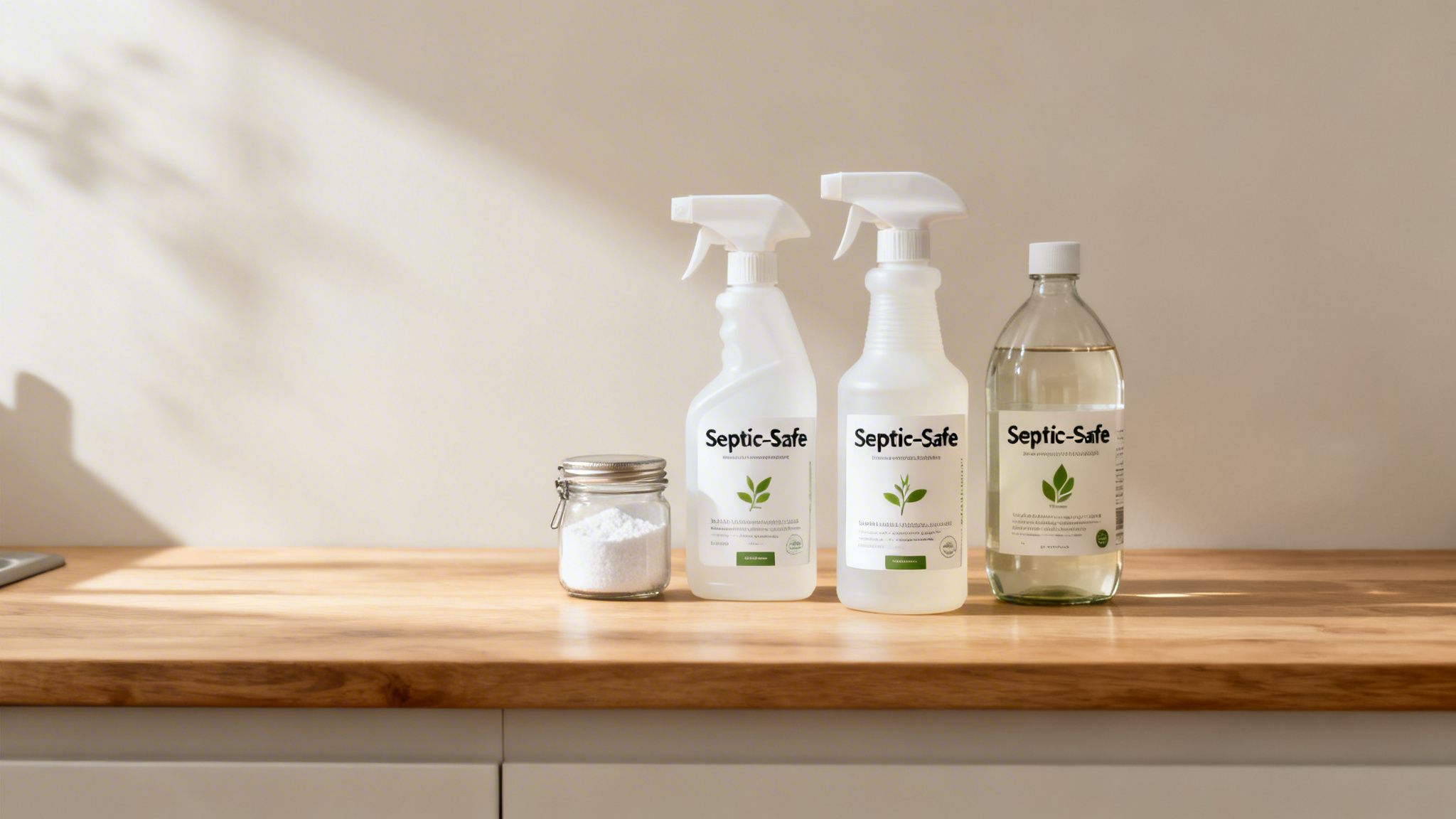 Three Septic-Safe cleaning products and a jar of powder on a wooden countertop.