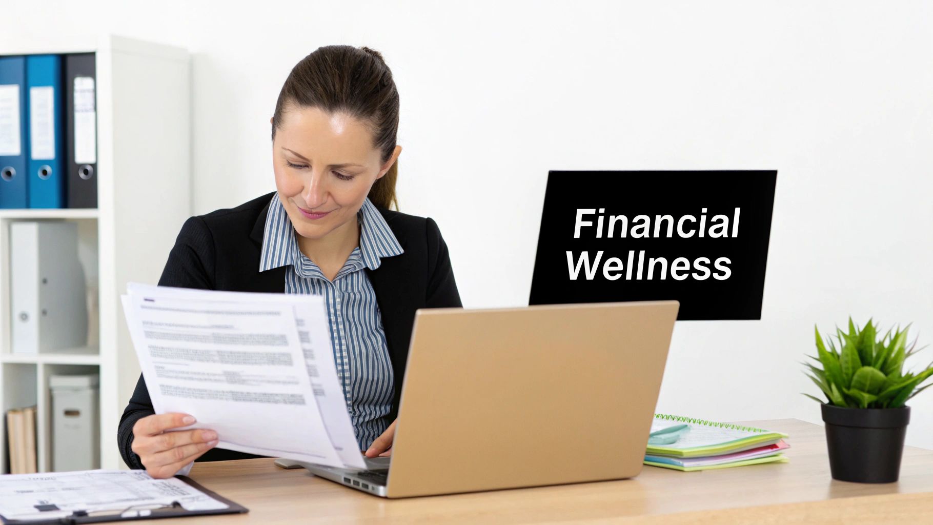 A person is sitting at a desk with a laptop and a piggy bank, with a lightbulb above them symbolizing a new idea for financial planning.