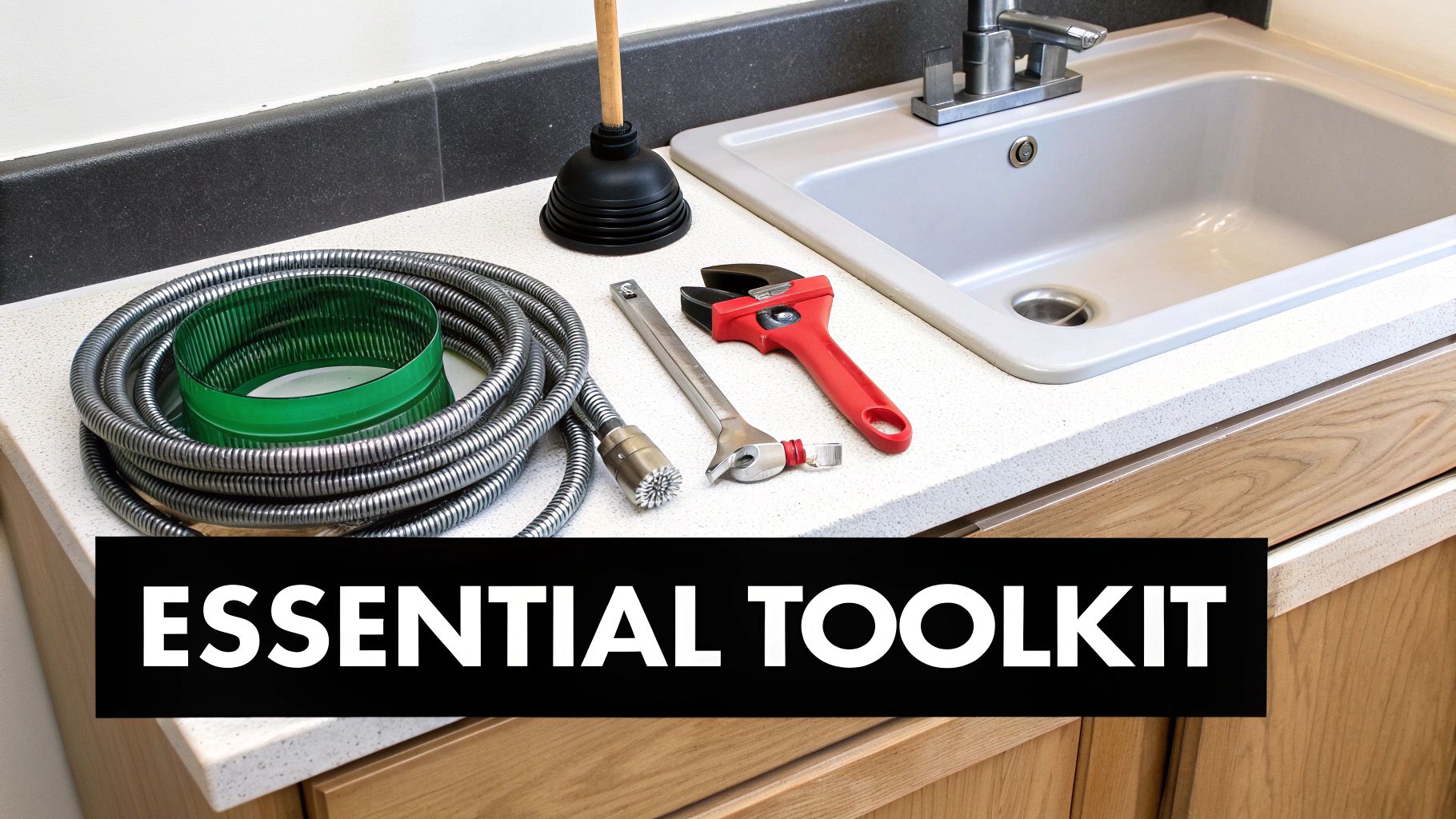 Various plumbing tools, including a plunger, drain snake, and wrenches, laid on a counter next to a sink.