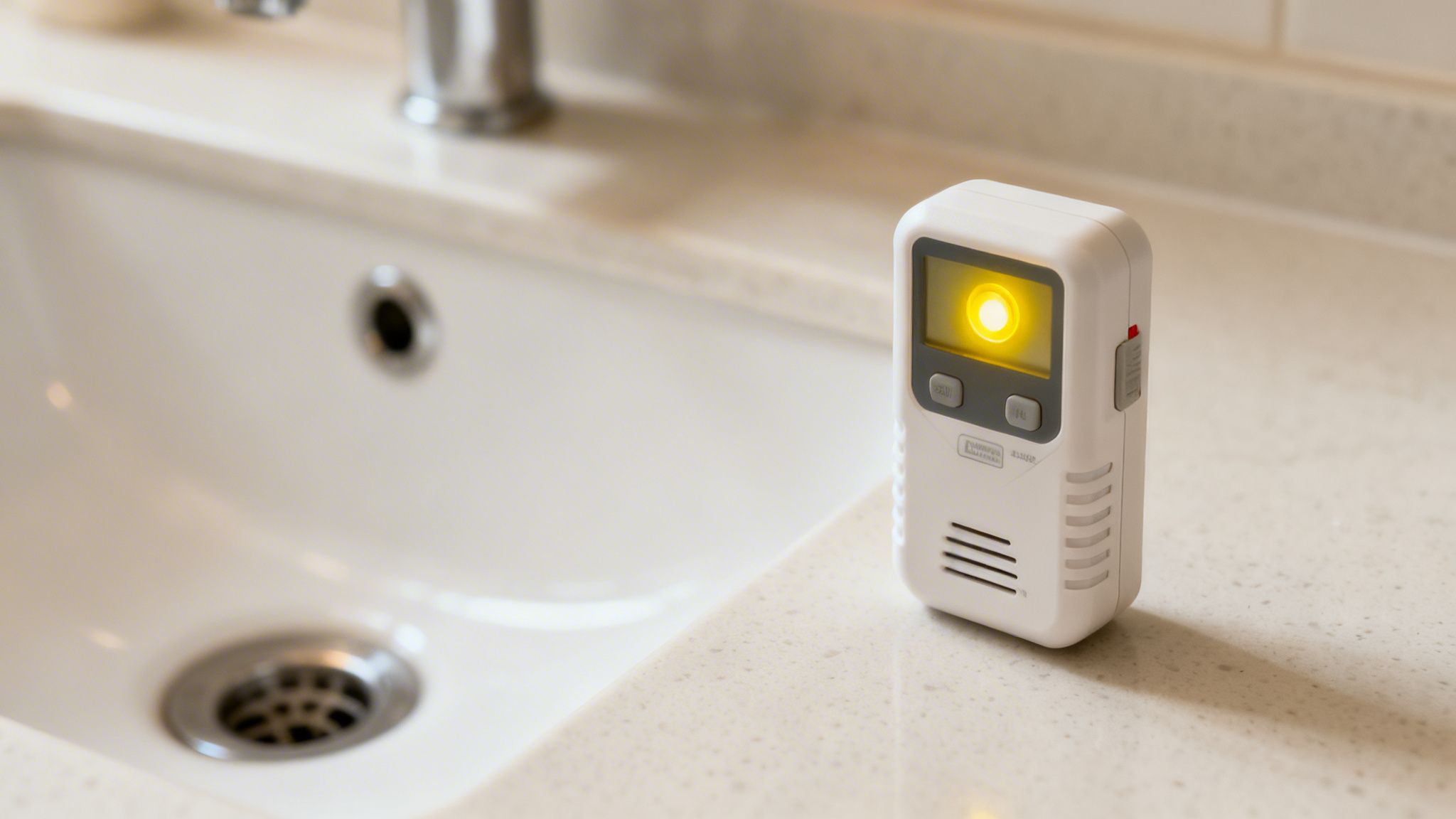 A white gas detector with a glowing yellow light sits on a bathroom counter next to a sink.