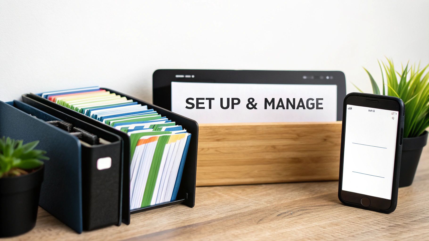 A neatly organized desk with file folders, a tablet showing 'SET UP & MANAGE', and a smartphone.