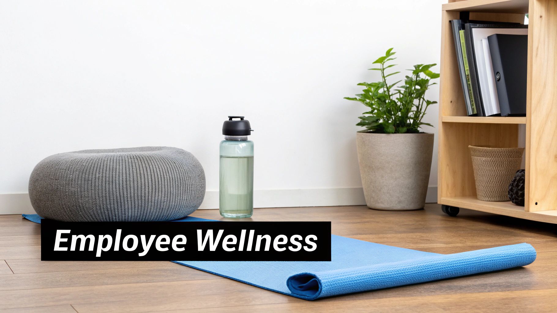 A blue yoga mat, meditation cushion, water bottle, and potted plant, representing employee wellness.