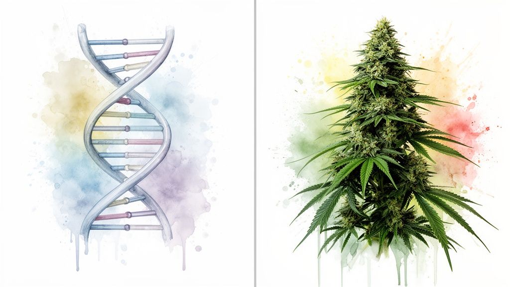 Watercolor art of a DNA helix and a vibrant cannabis plant, suggesting genetic connection to growth.