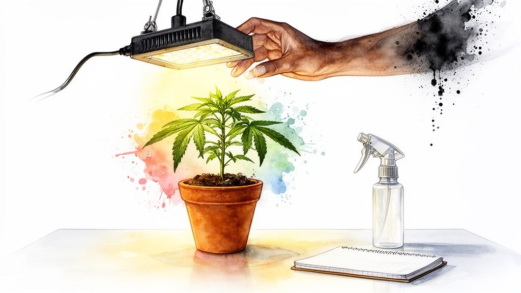 Watercolor illustration of a cannabis plant growing under an LED light, with a hand adjusting it.