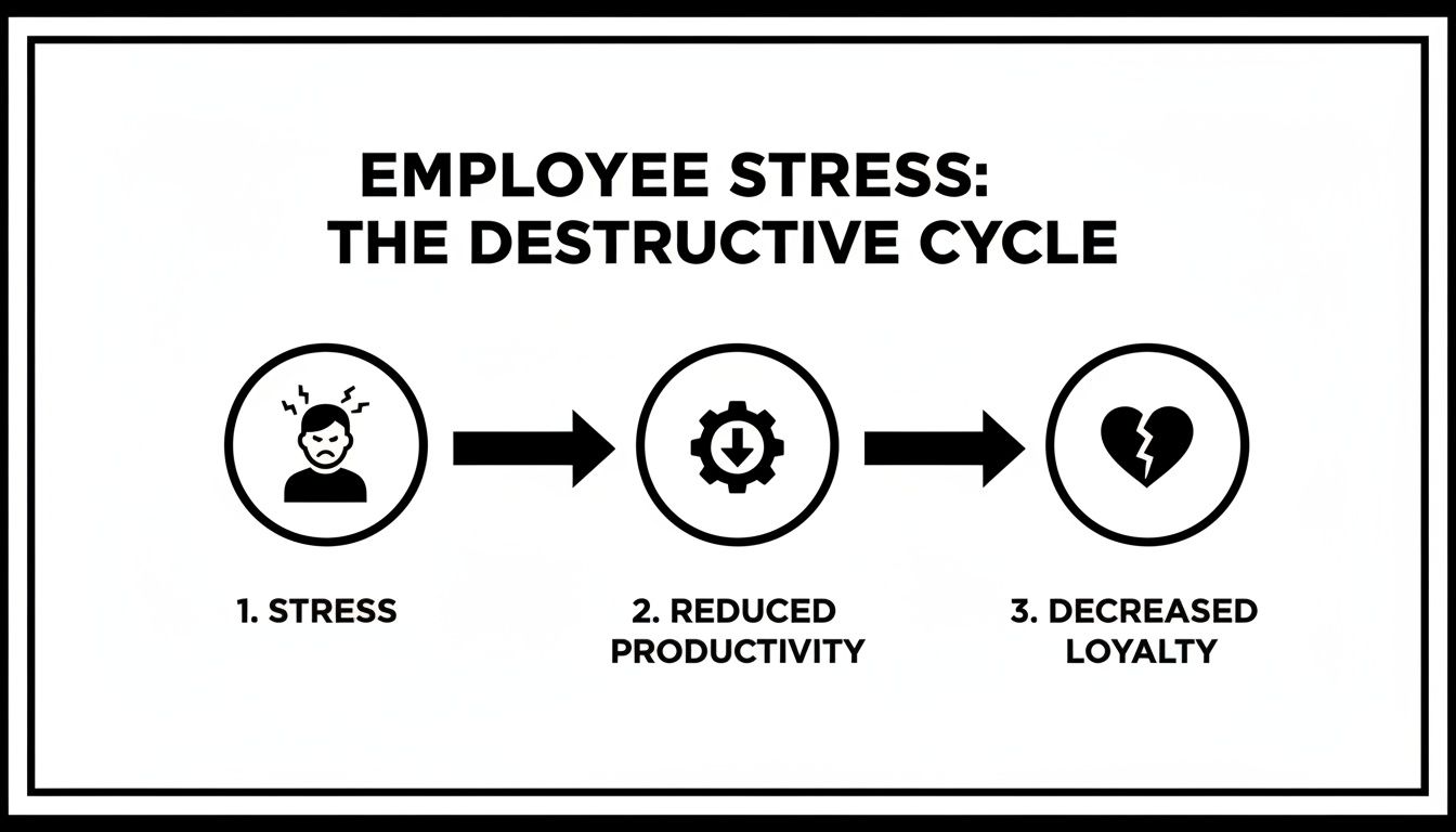 A diagram illustrating the destructive cycle of employee stress: stress leads to reduced productivity and decreased loyalty.