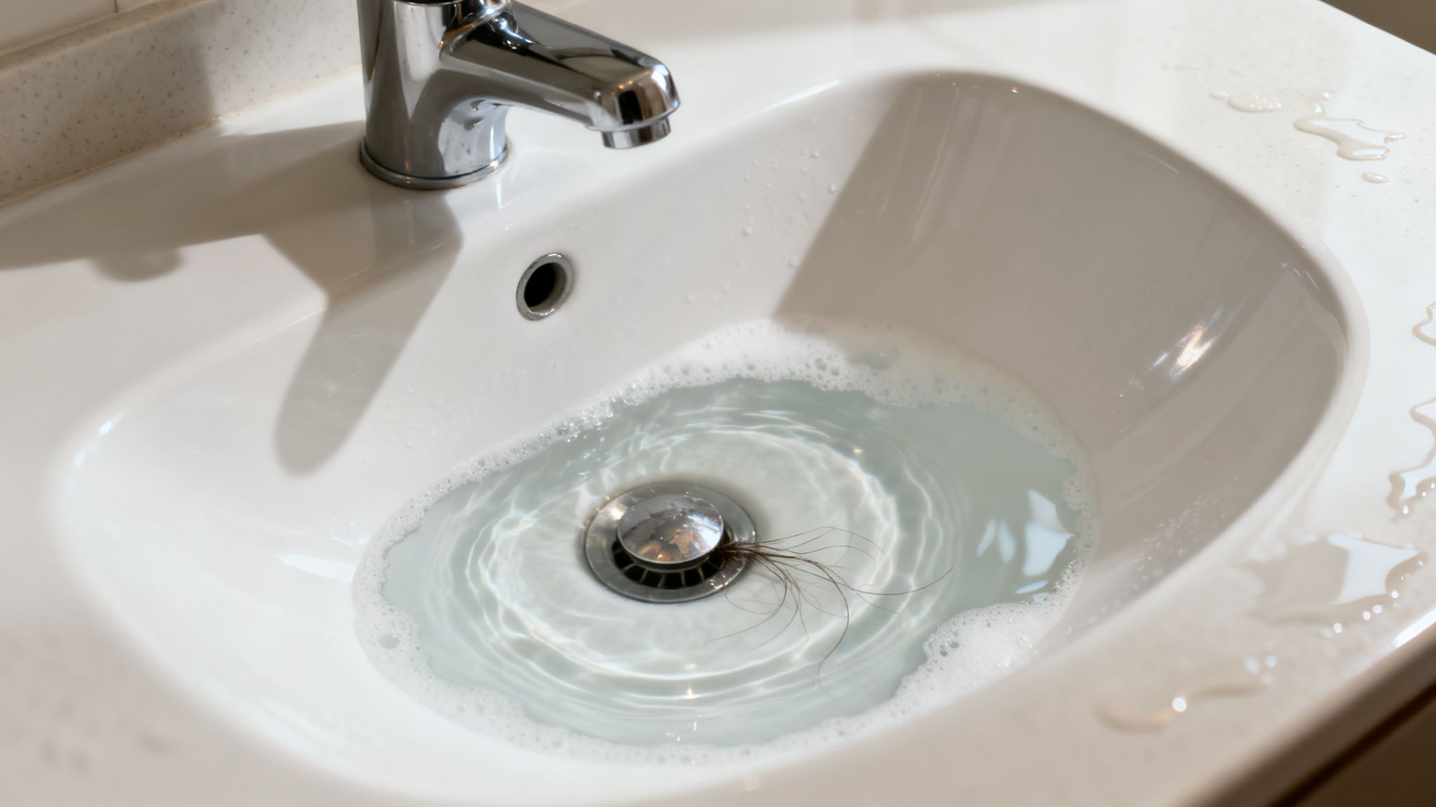 A close-up of a white bathroom sink filled with water, foam, and a clump of hair near the drain.