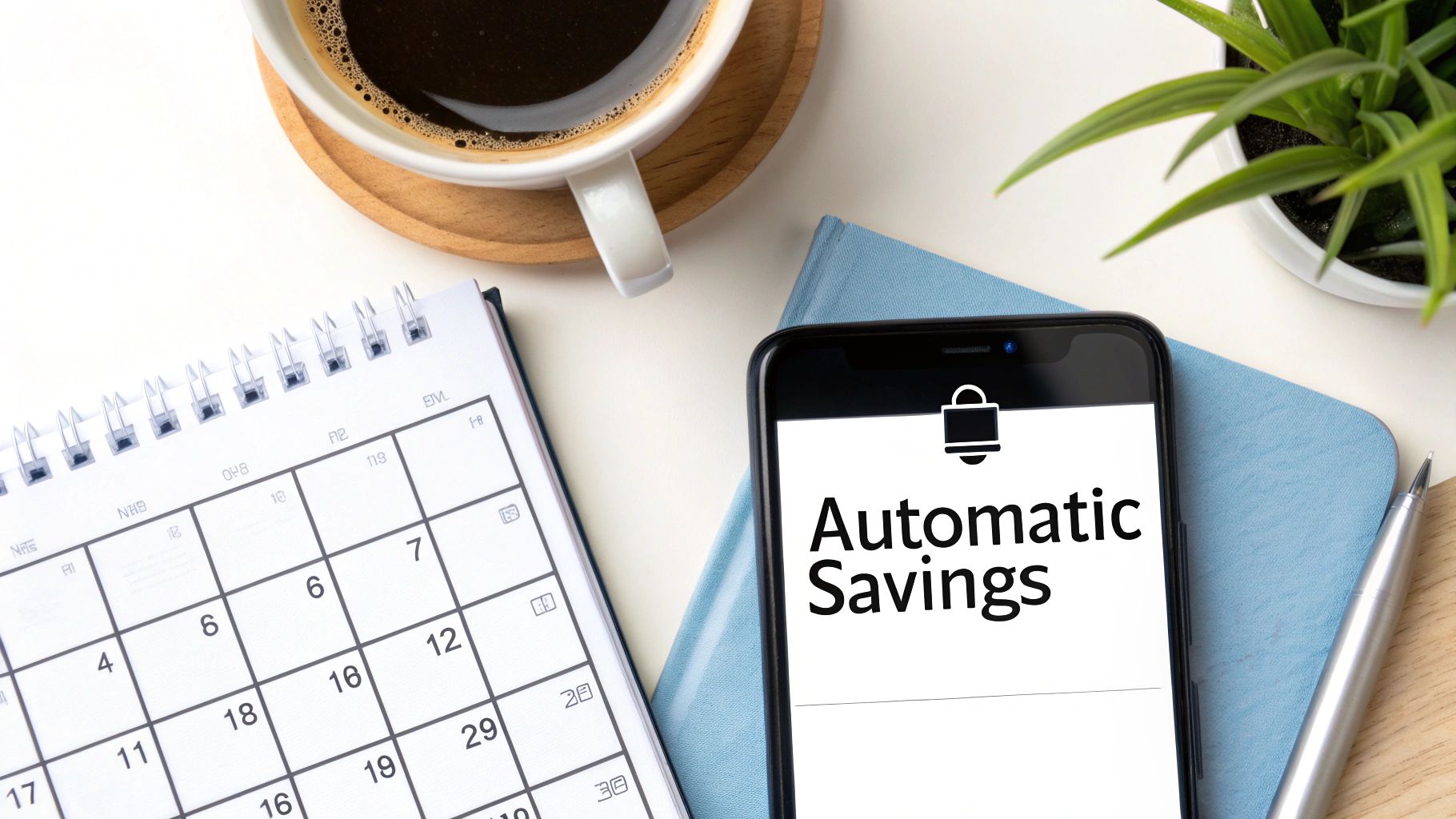 Smartphone displaying automatic savings app next to coffee cup, calendar, and notebook on white desk