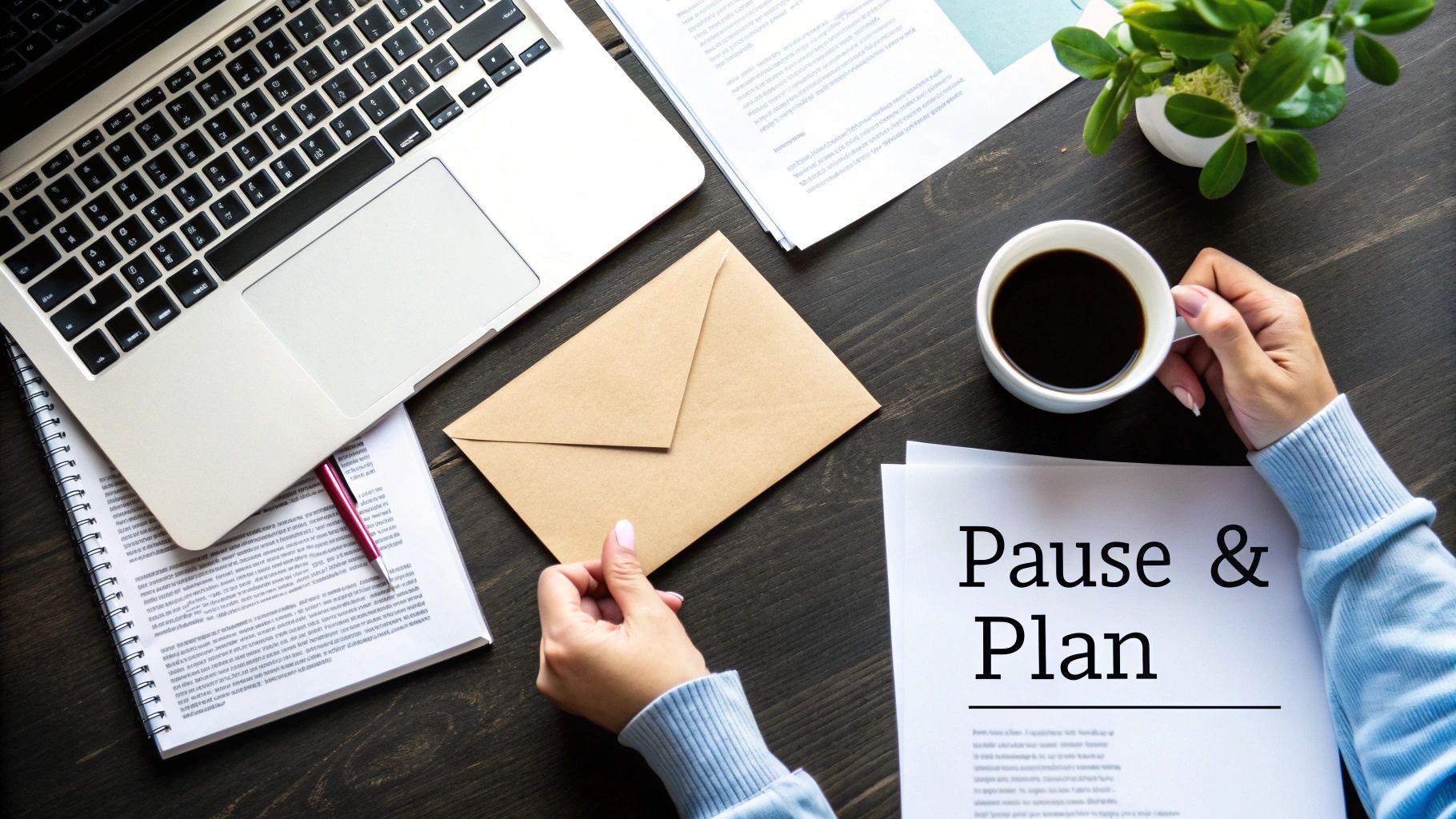 Overhead view of a person at a desk with a laptop, documents, coffee, and an envelope, featuring 'Pause & Plan' text.