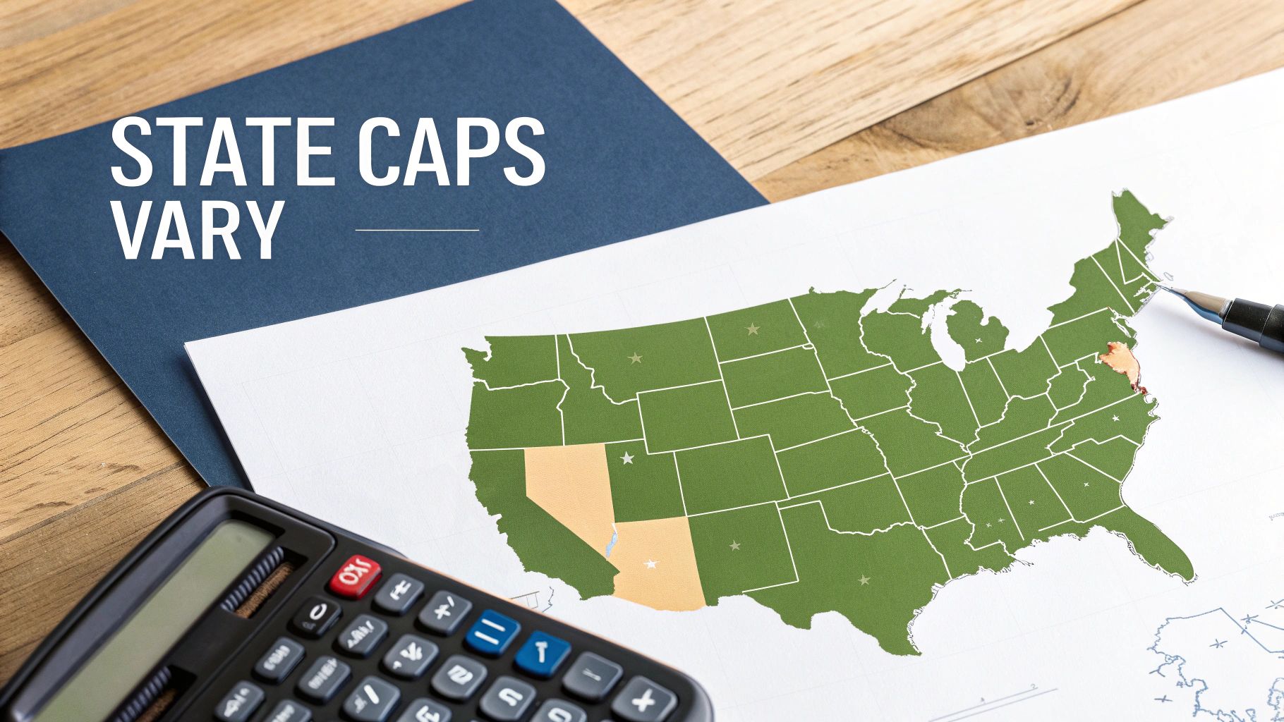 A US map with varying state caps highlighted, a calculator, and a pen, on a wooden table.