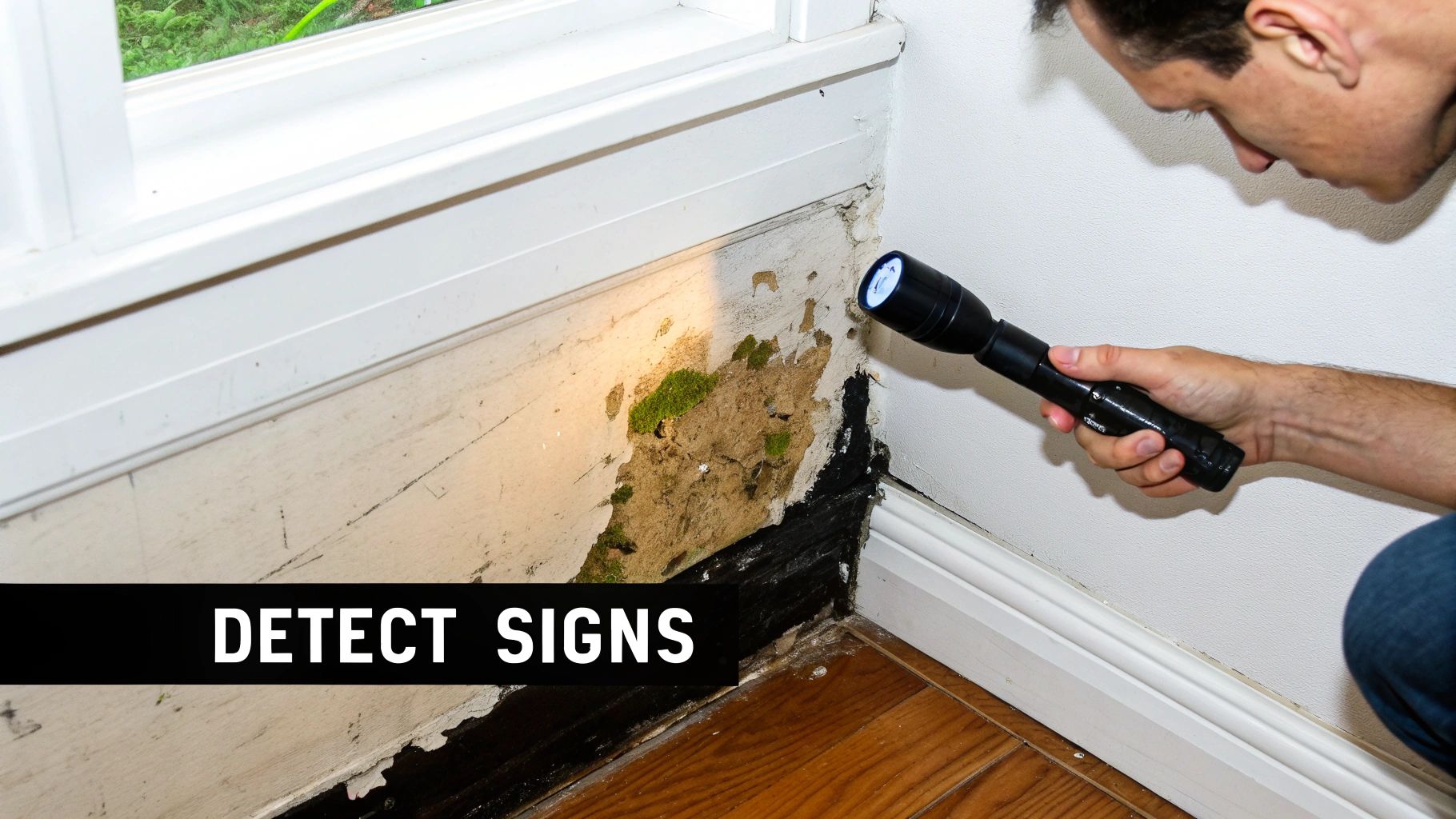 A man inspecting a damaged wall with a flashlight, revealing mold and water damage.