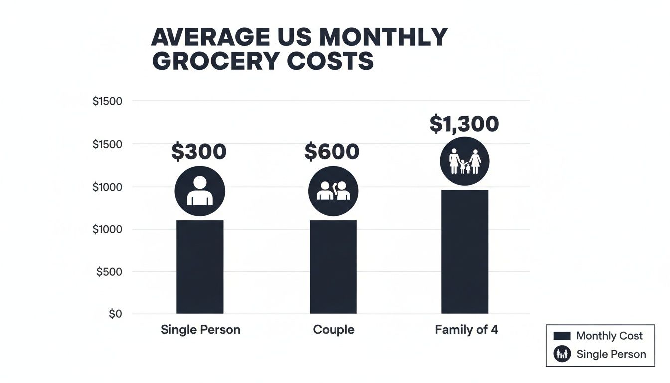 Bar chart illustrating average US monthly grocery costs for single person, couple, and family of four.