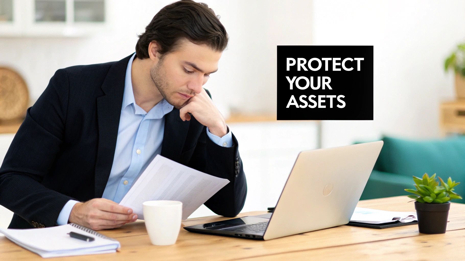 A man in a suit reviews documents at a desk with a laptop, emphasizing asset protection.