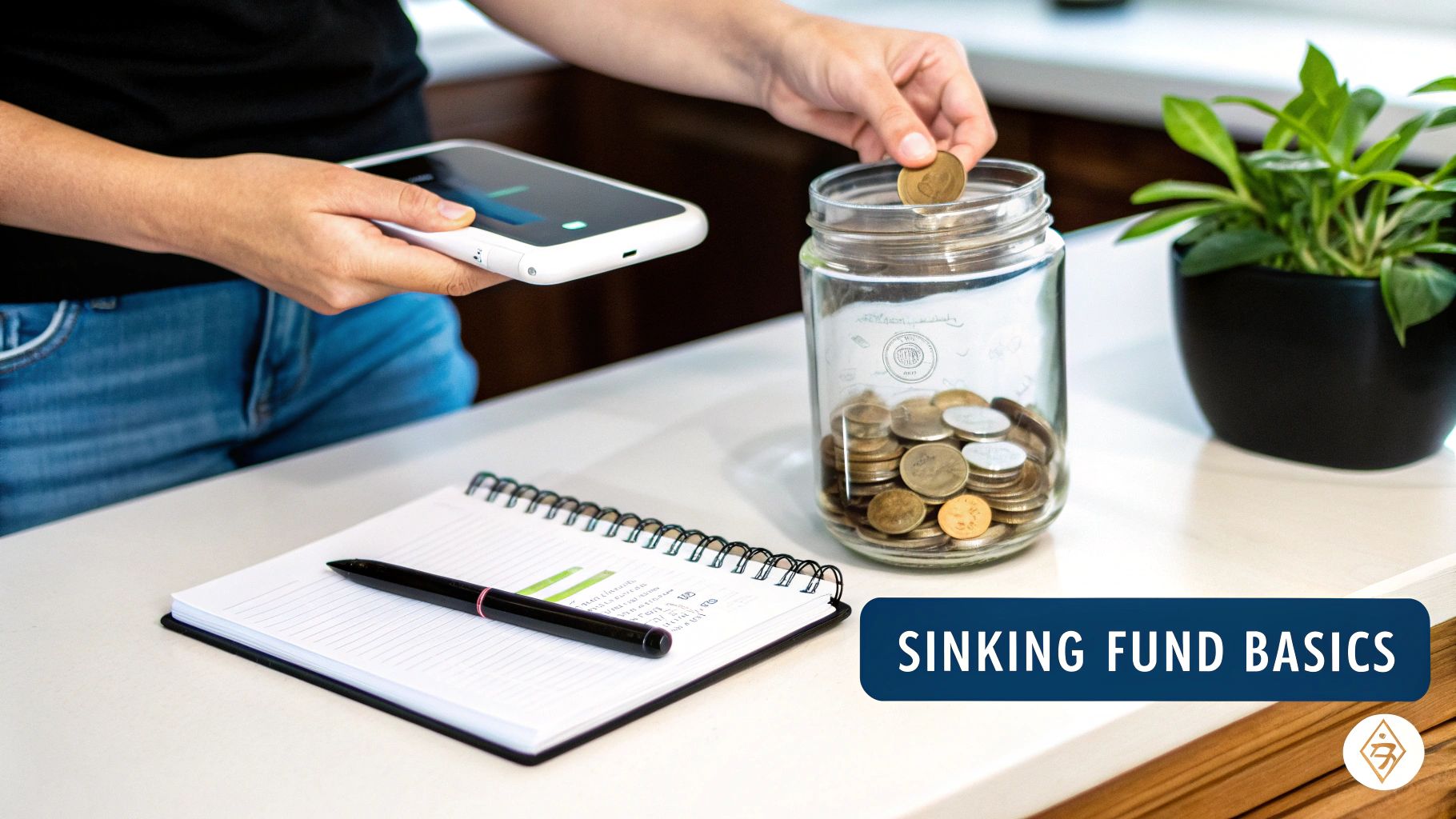 A person puts a coin into a savings jar, with a smartphone and notebook on a white table.