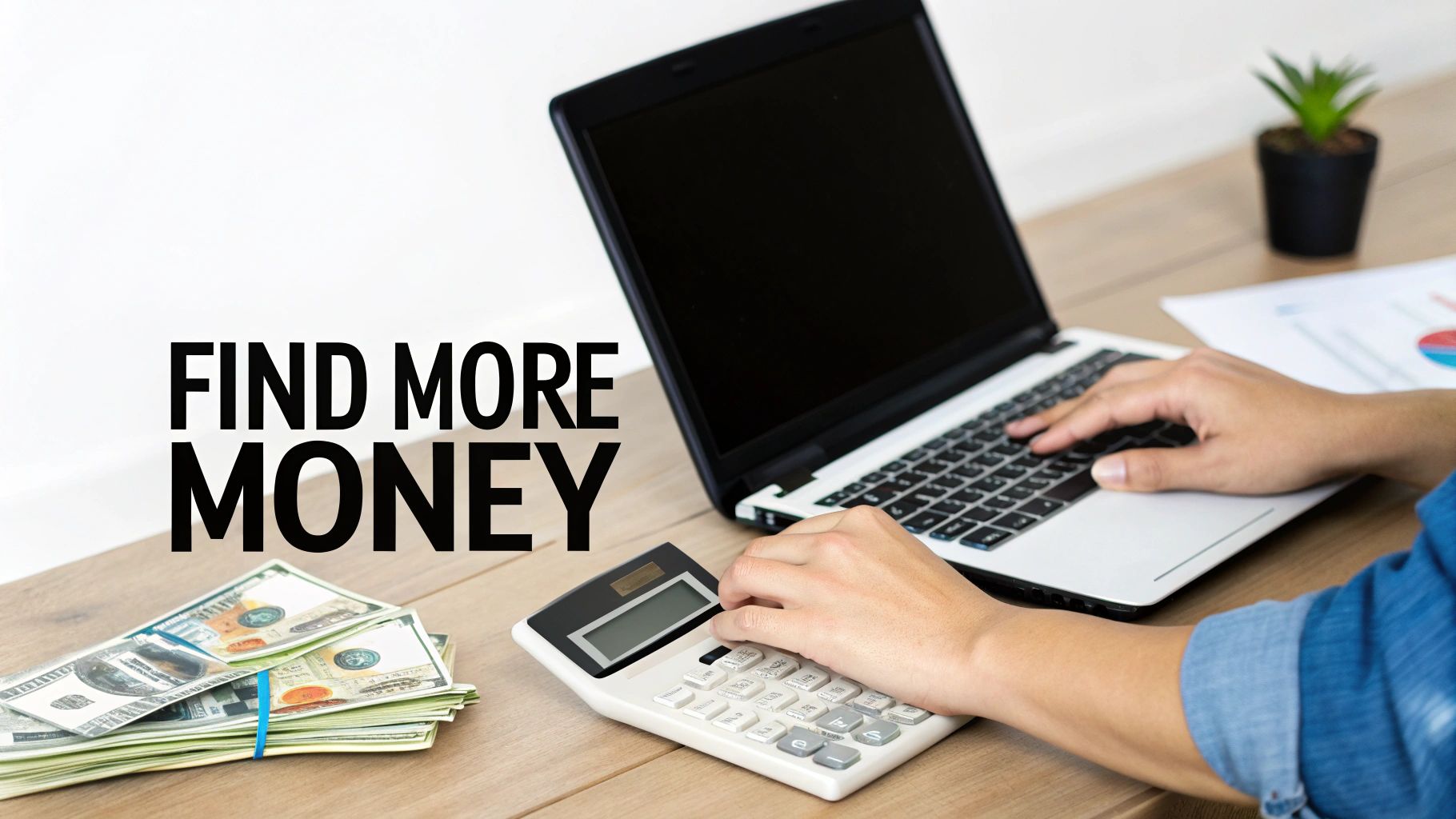 Person calculating finances on a laptop and calculator with stacks of money, next to text 'FIND MORE MONEY'.