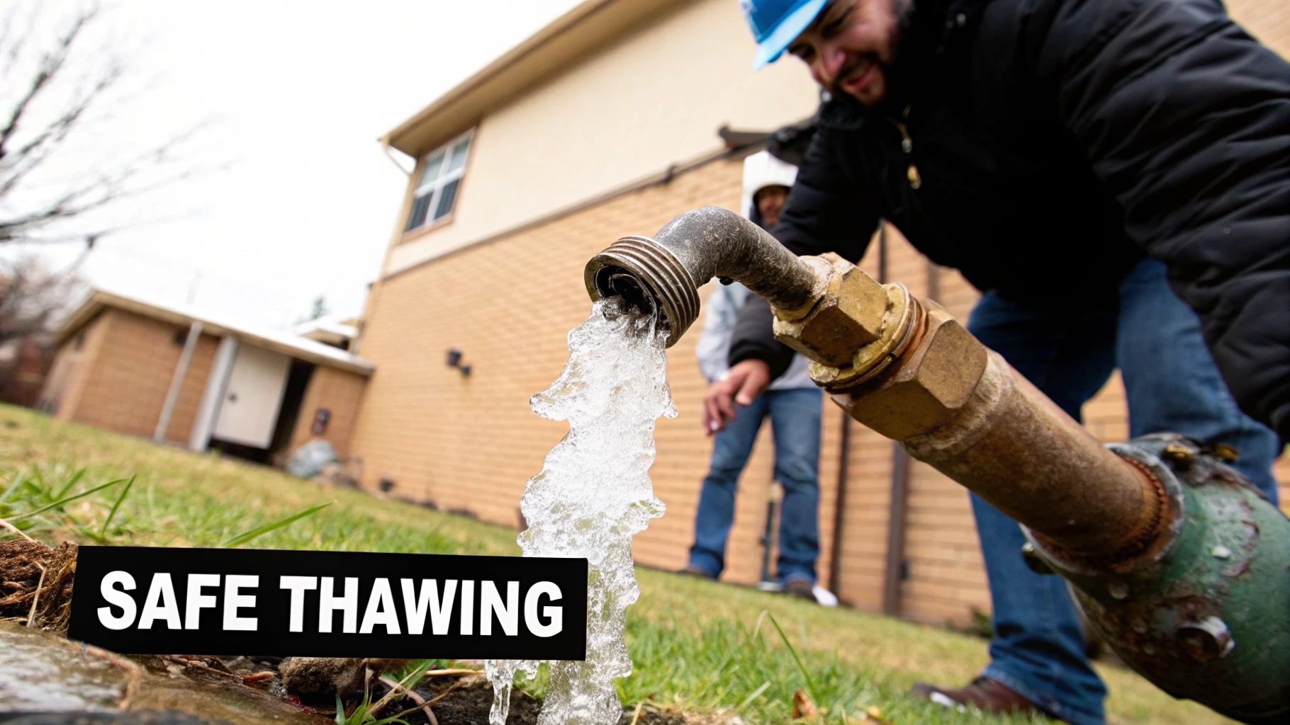 A worker in a blue hard hat thaws a frozen outdoor water pipe, gushing water from the spout.