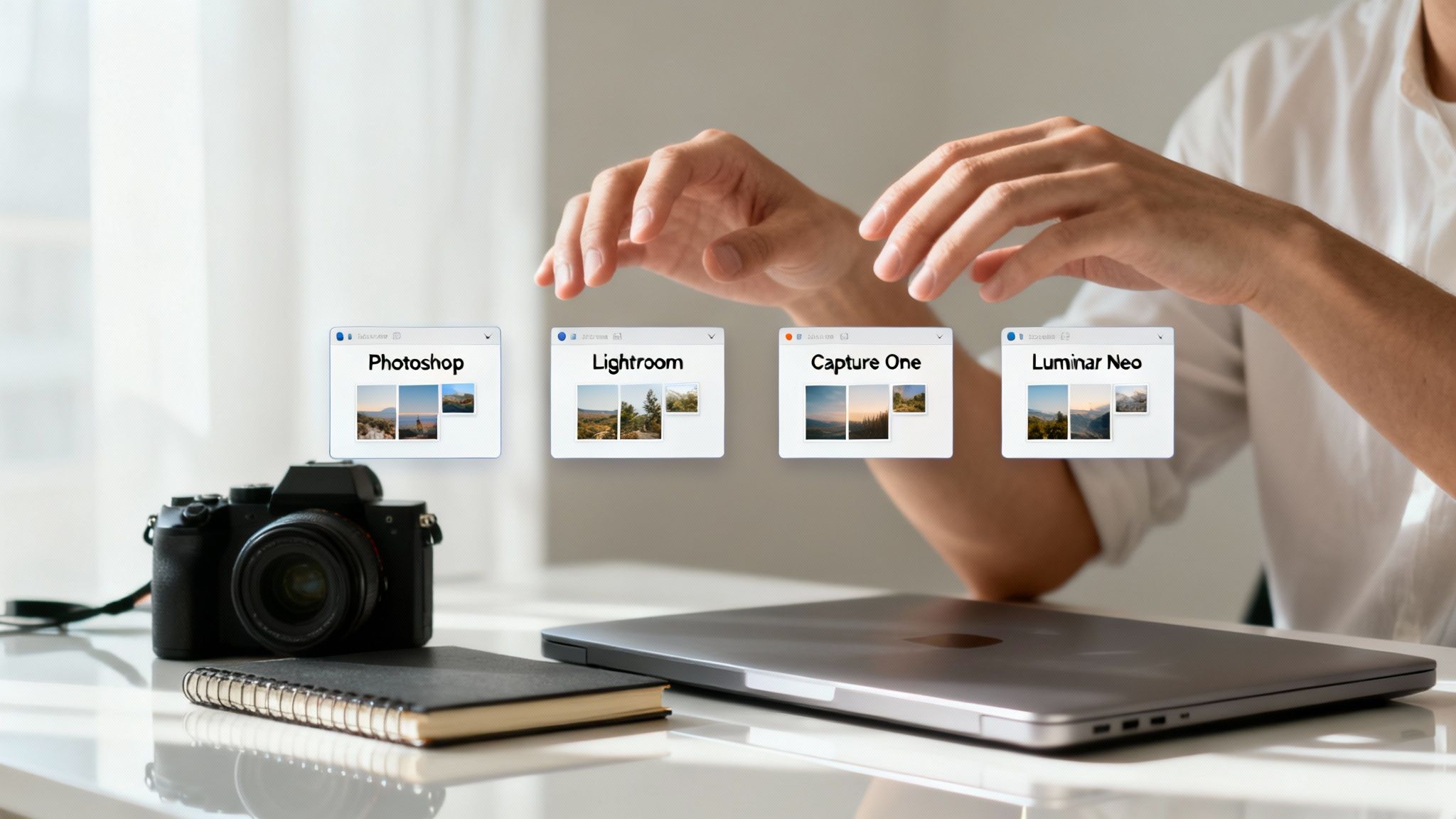 Hands hovering over a desk with camera, laptop, and floating windows of photo editing software.