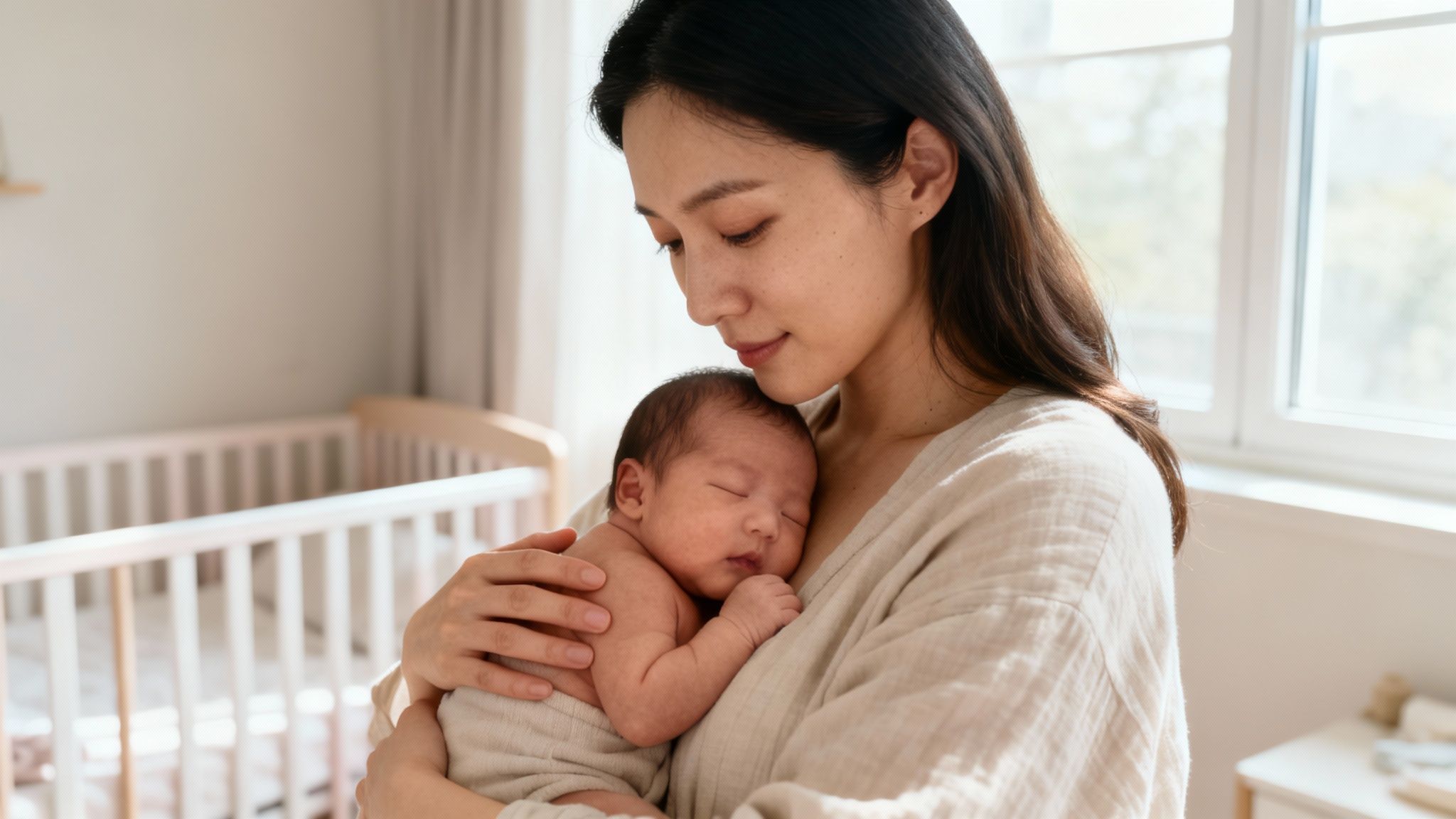 A loving Asian mother gently holds her sleeping newborn baby in a bright nursery.